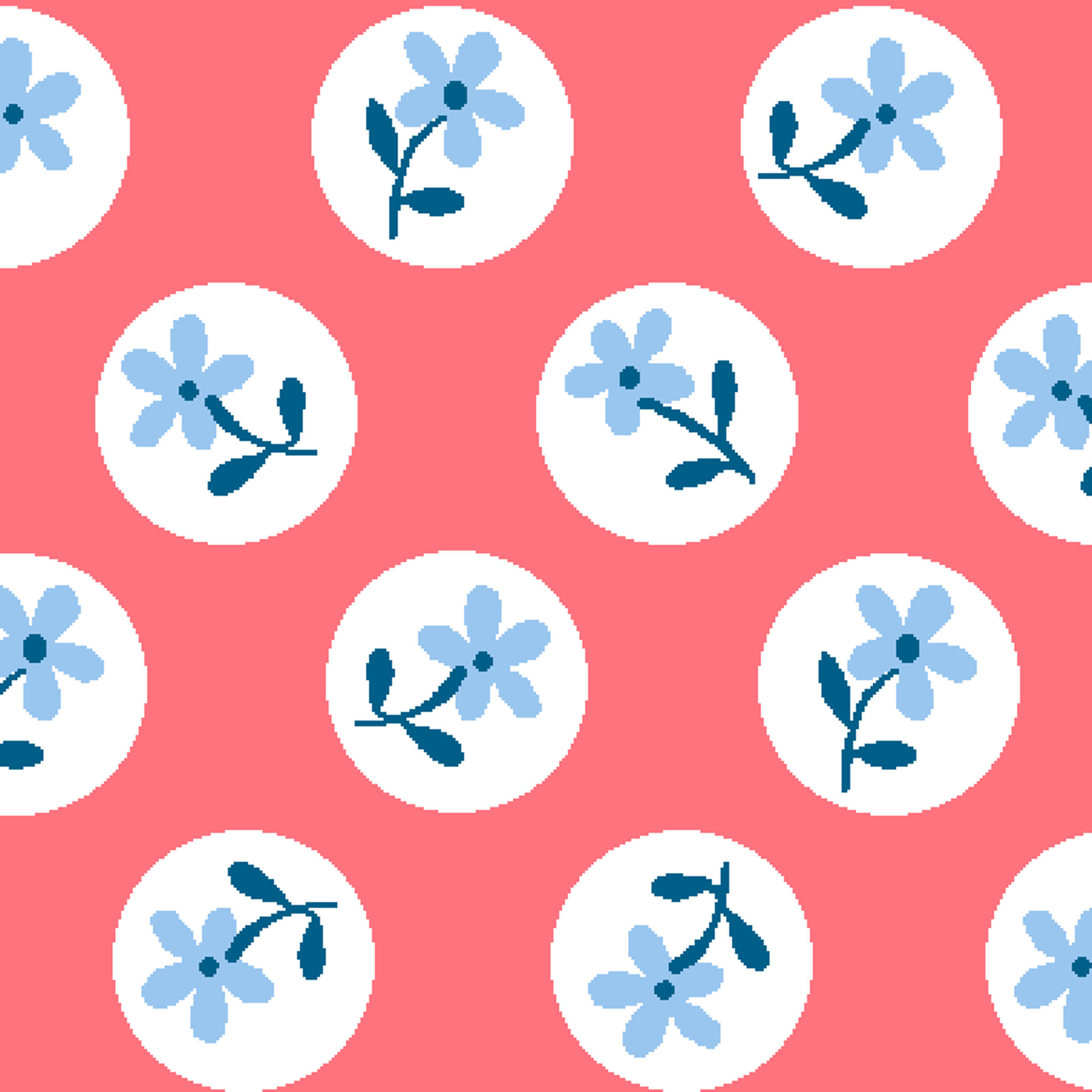 Coral pink background with white circles containing light blue floral designs arranged in a pattern tiled preview square