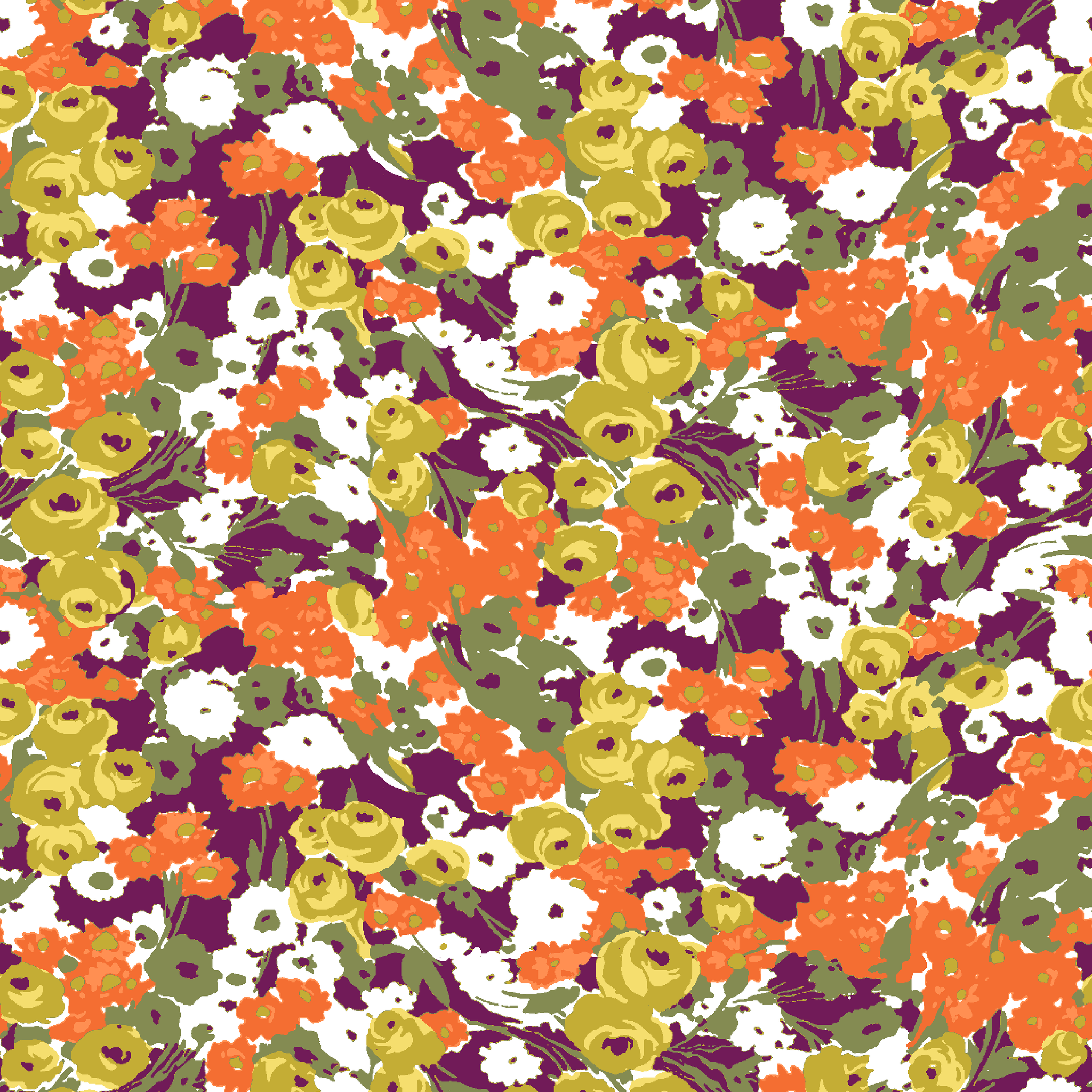 Vibrant floral pattern with white, orange, yellow, green, and purple abstract blooms tiled preview square