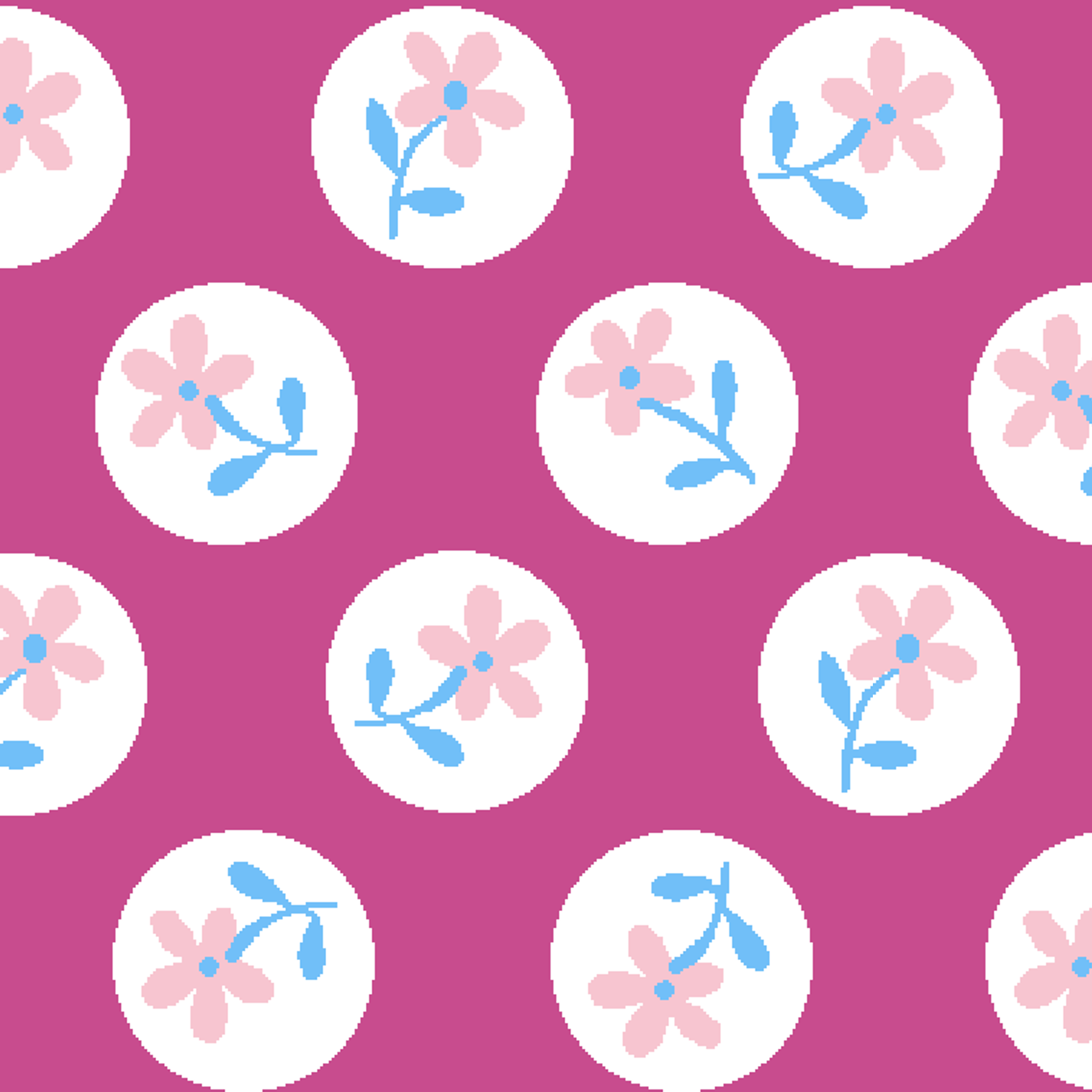 White circular dots with pink flowers and blue leaves pattern on vibrant magenta background tiled preview square
