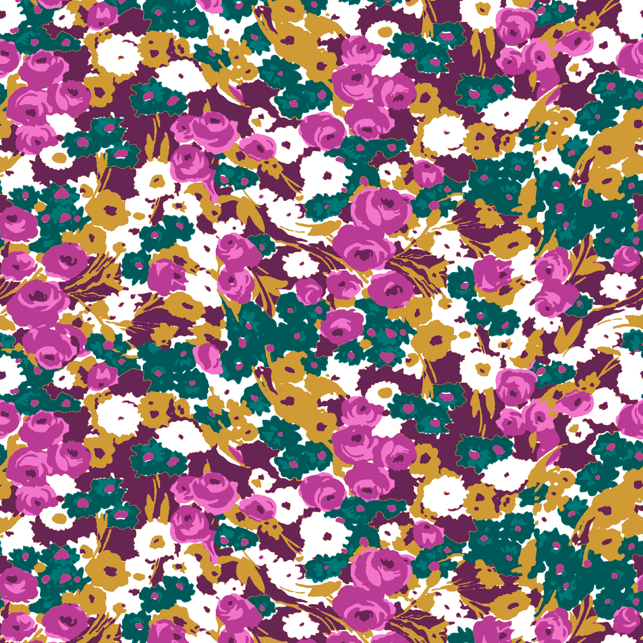Vibrant floral pattern with purple, white, and gold flowers on teal background tiled preview square