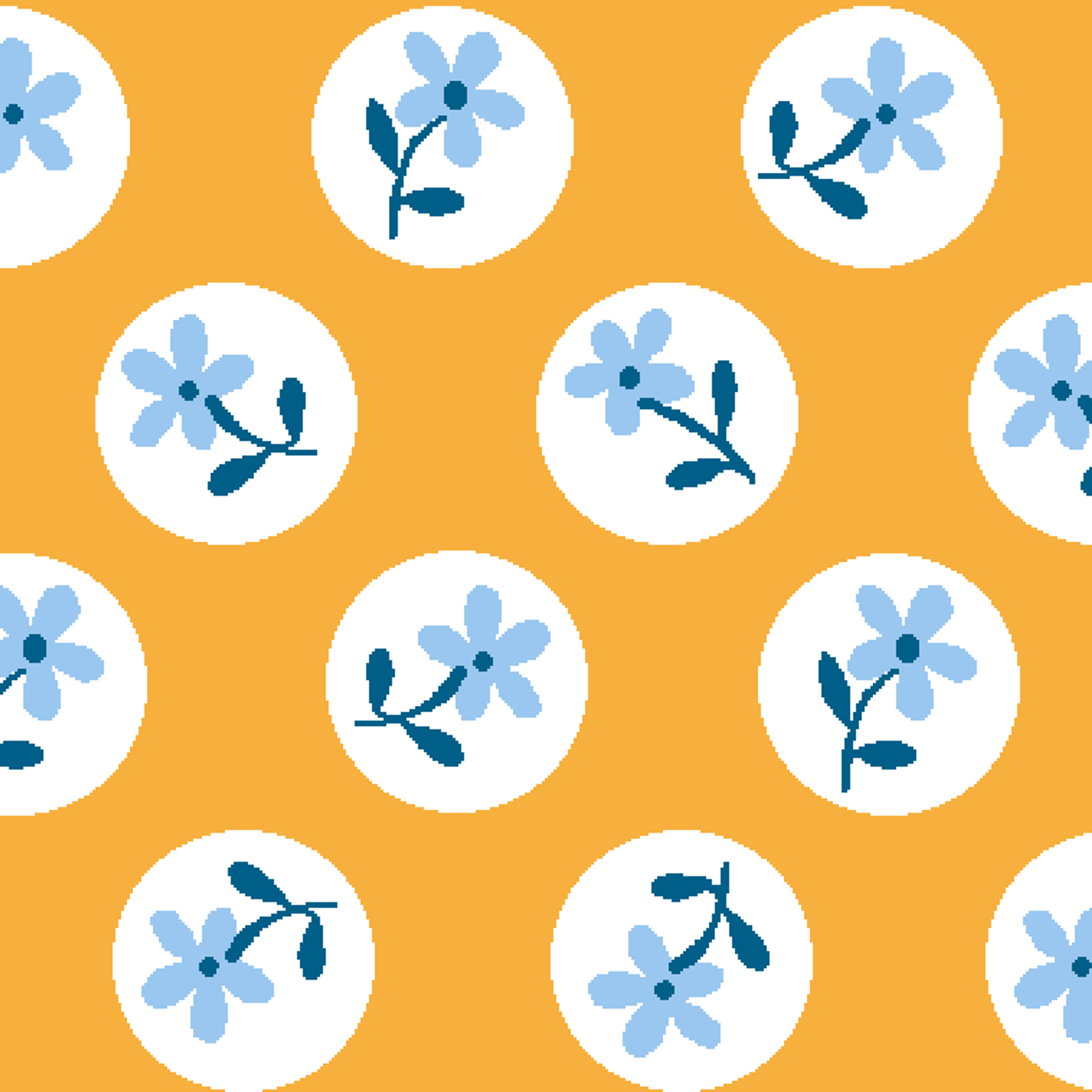 Light blue flowers with navy stems in white circles on a mustard yellow background tiled preview square