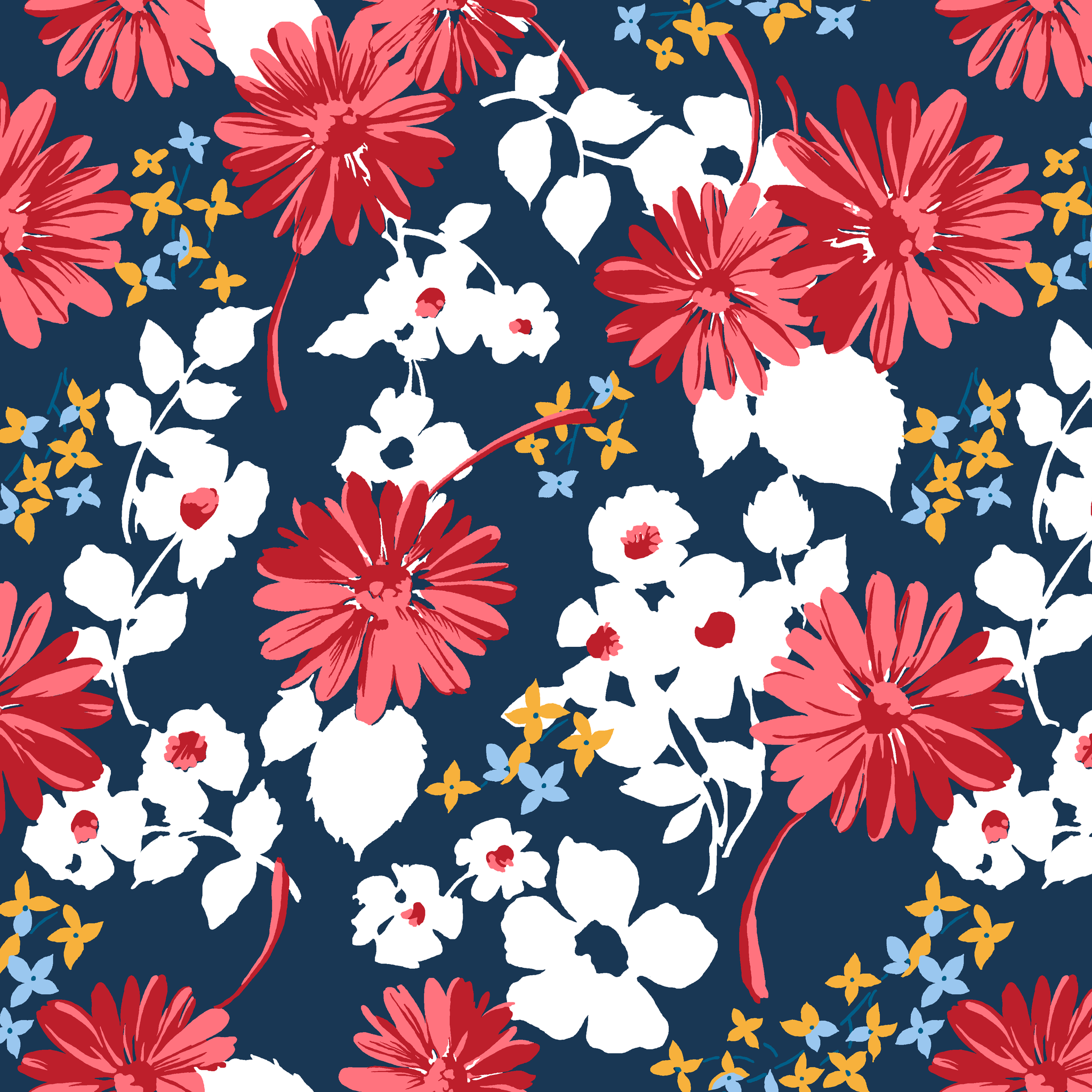 Vibrant floral pattern with red daisies and white flowers on navy background with small gold stars tiled preview square