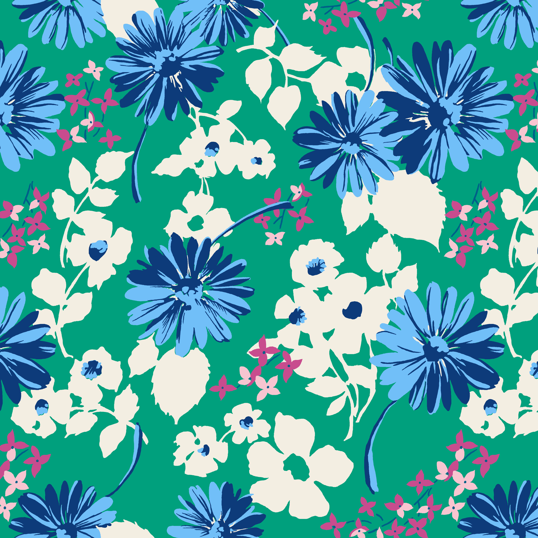 Vibrant floral pattern with blue spiky flowers and white blooms on a green background tiled preview square