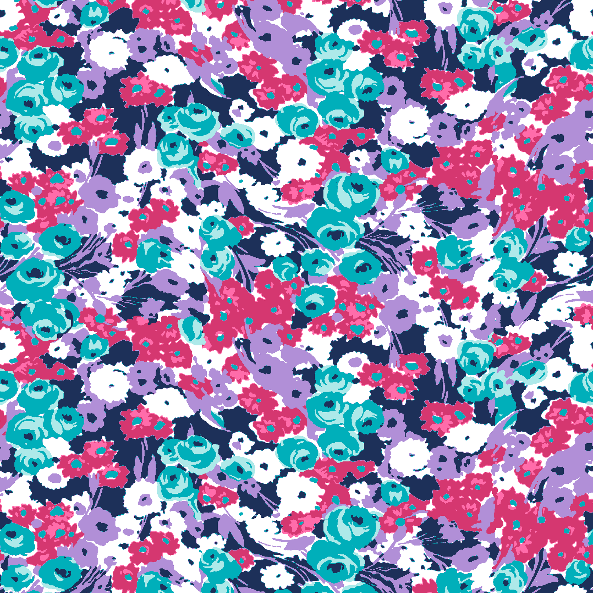 Vibrant floral pattern with pink, white, purple, and turquoise flowers on dark indigo background tiled preview square