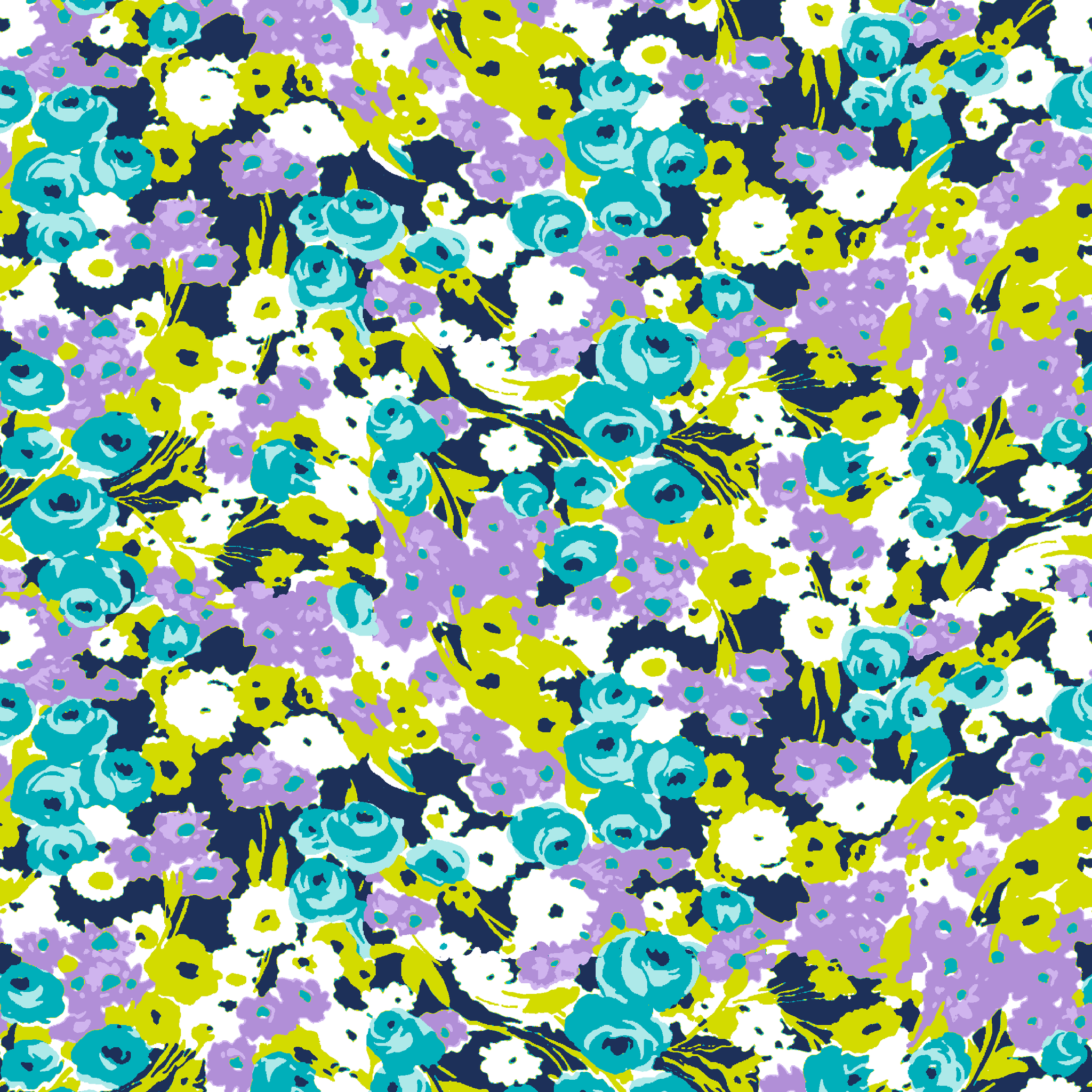 Vibrant floral pattern with turquoise, purple, white, and chartreuse blooms on dark background tiled preview square