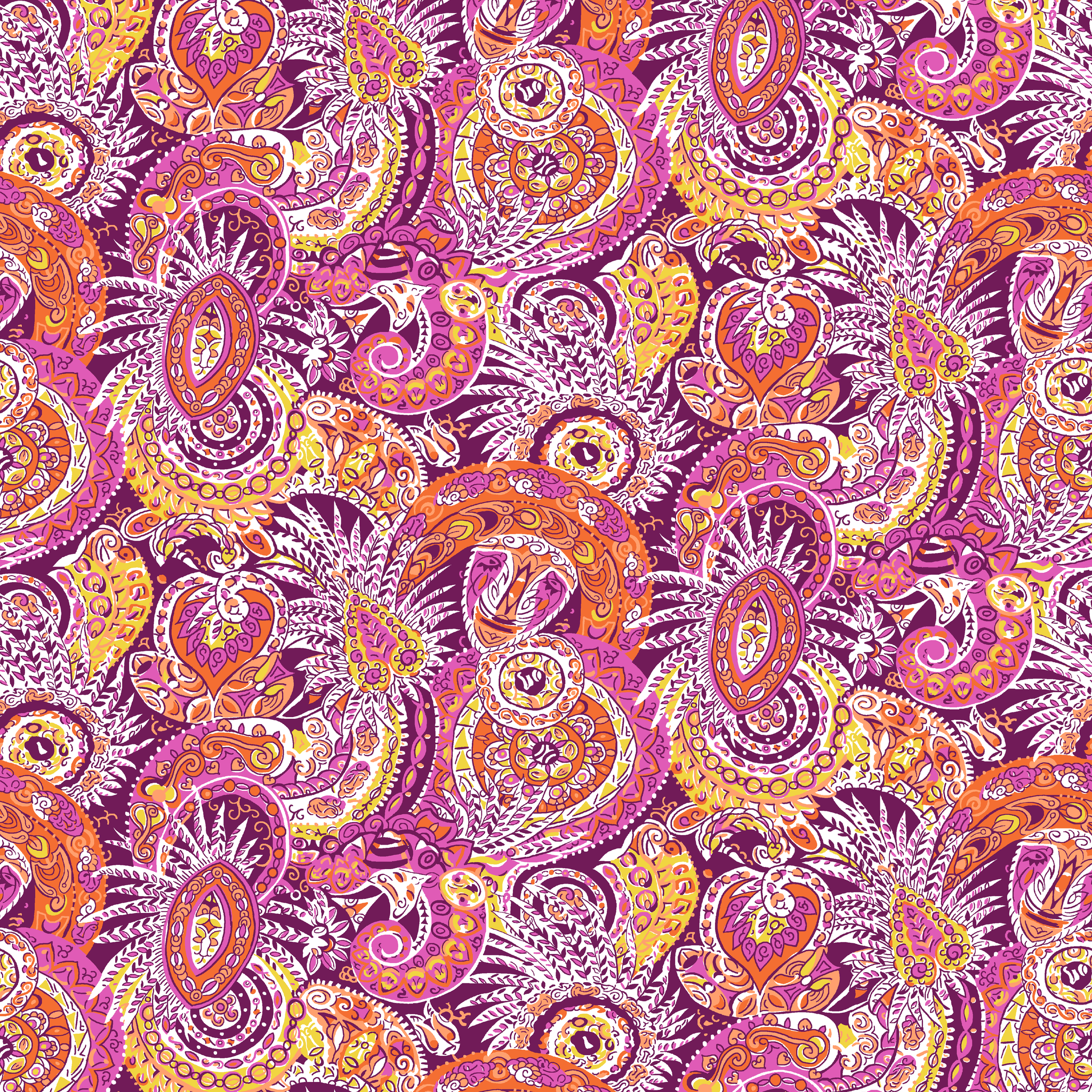 Vibrant paisley pattern with swirling shapes in purple, orange, pink, and yellow tones tiled preview square