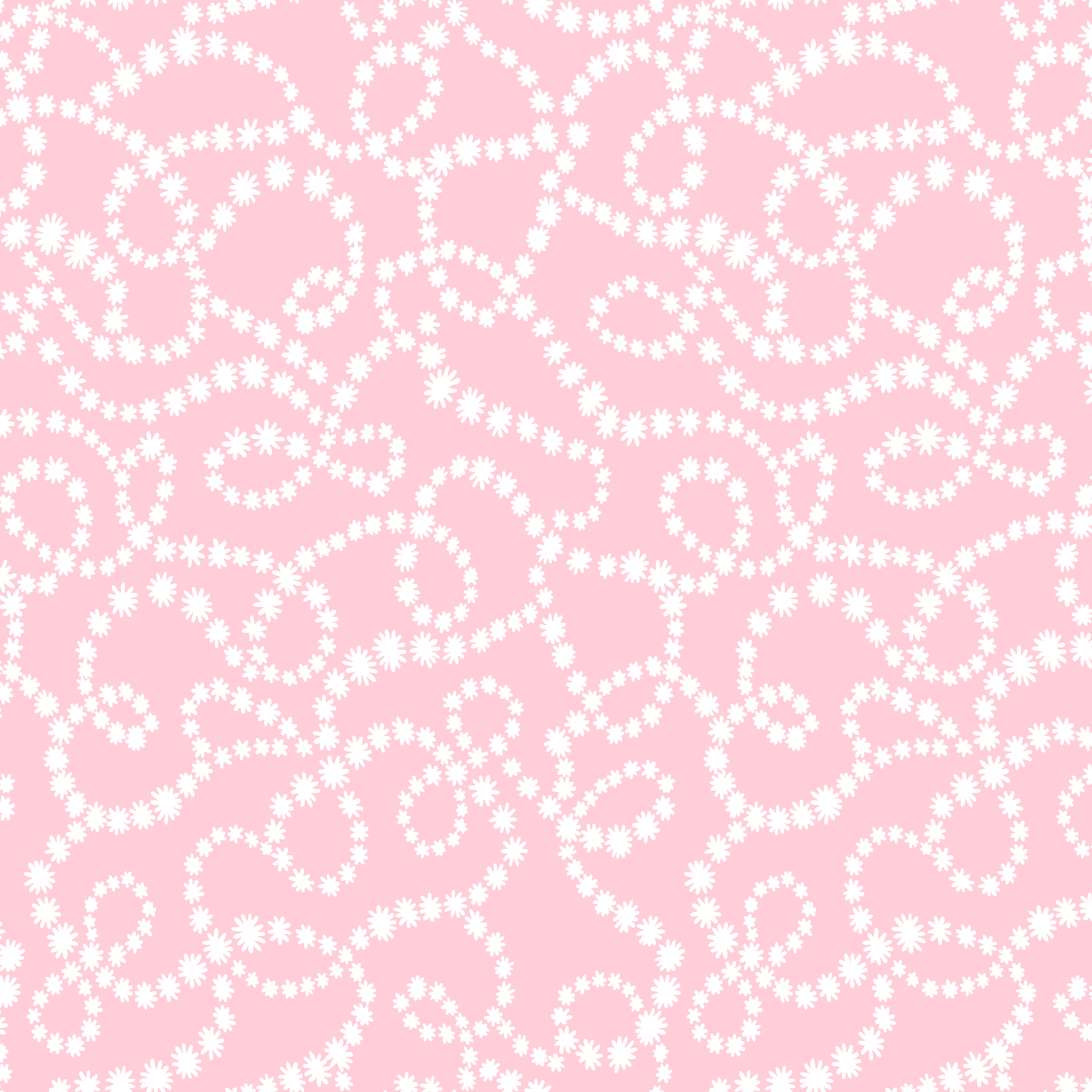 Baby pink background with white dotted swirling pattern creating delicate curved lines and loops tiled preview square