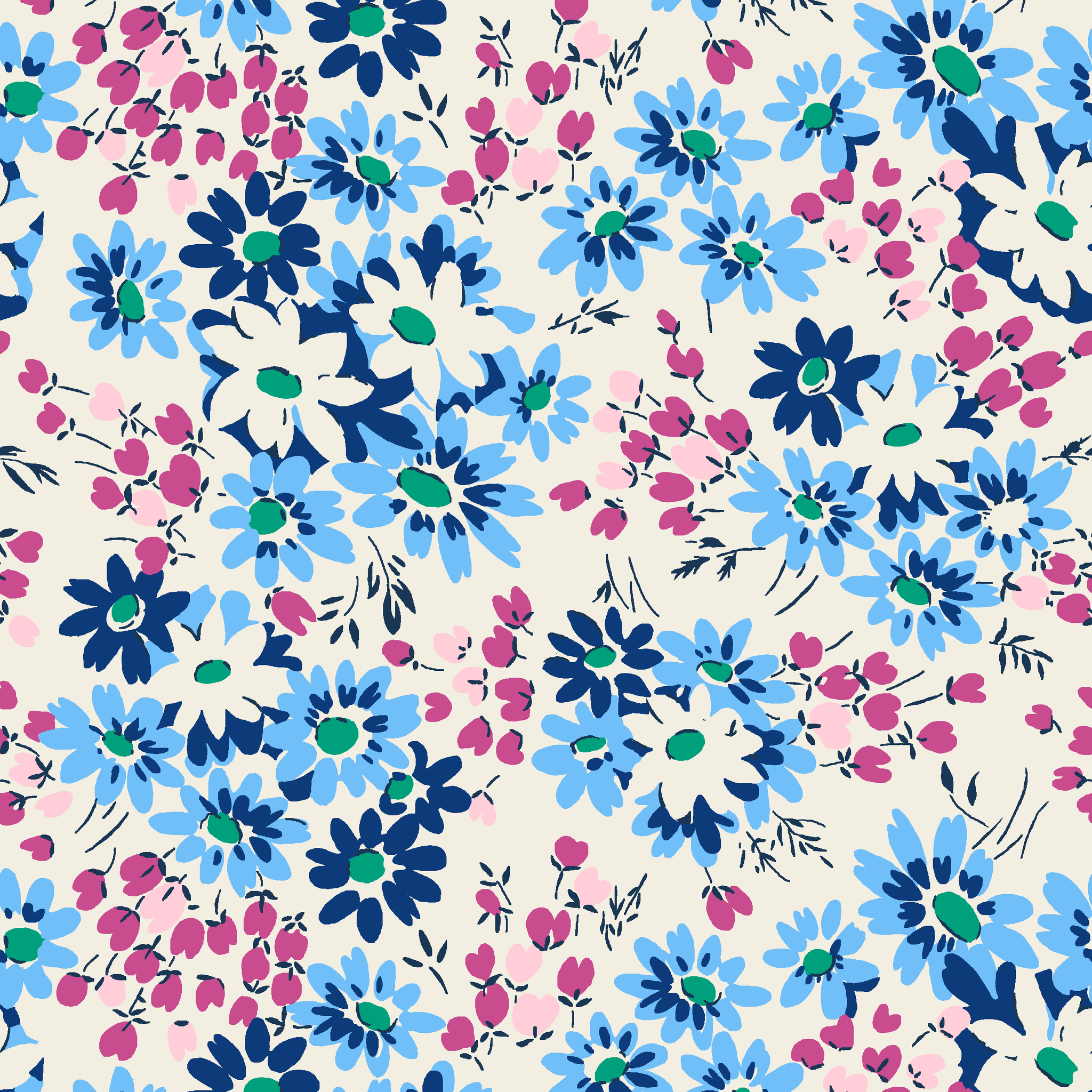 Floral pattern with blue, navy, and white daisies alongside small magenta berries on cream background tiled preview square