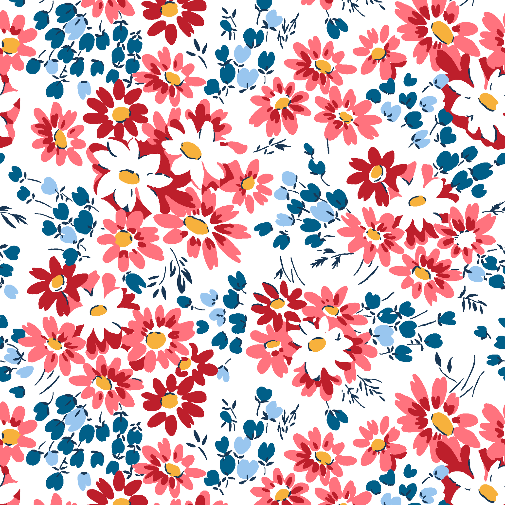 Colorful floral pattern with coral, red, and white daisies with yellow centers and teal leaves tiled preview square
