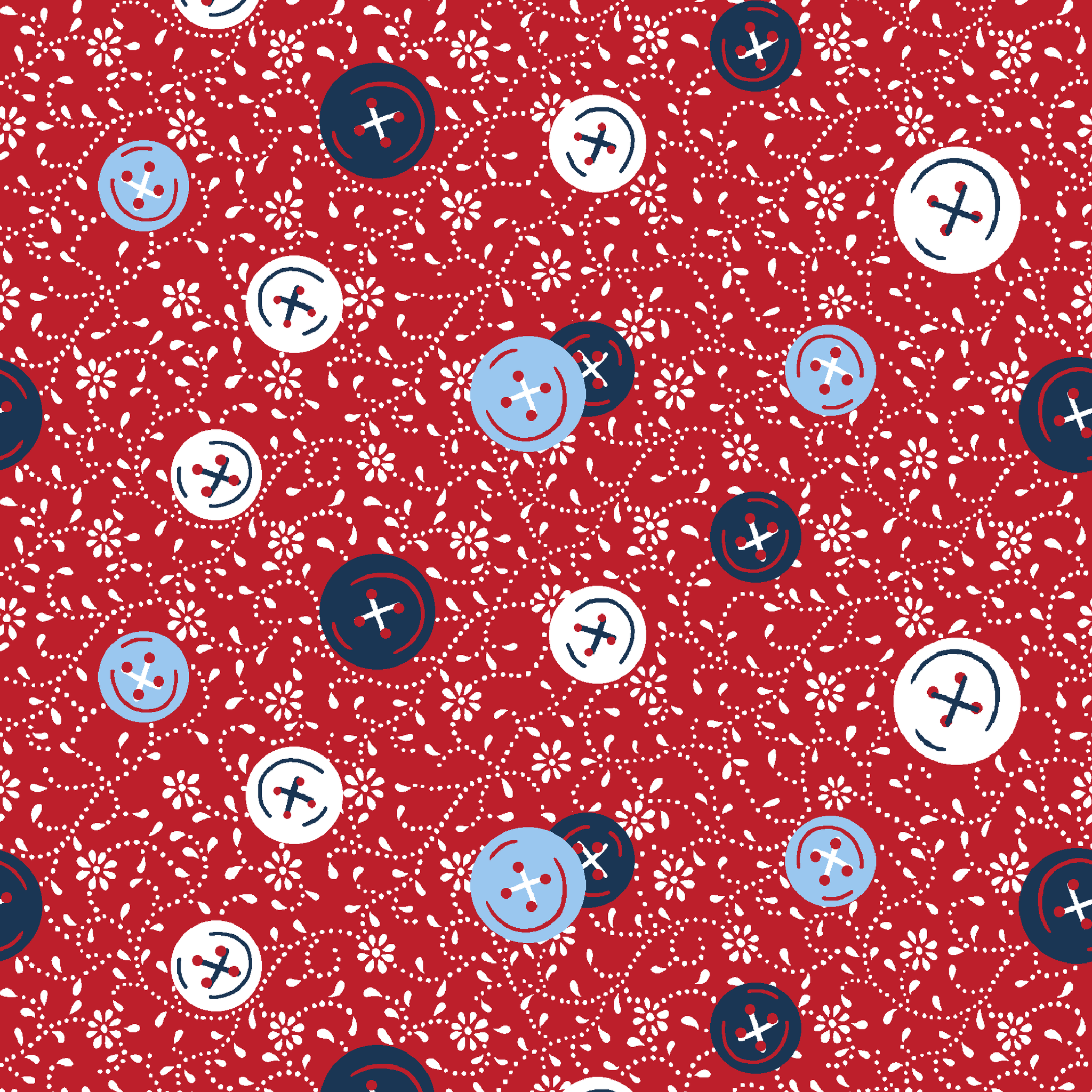 Red background with small white floral pattern featuring scattered button designs in blue, white, and navy cross details tiled preview square
