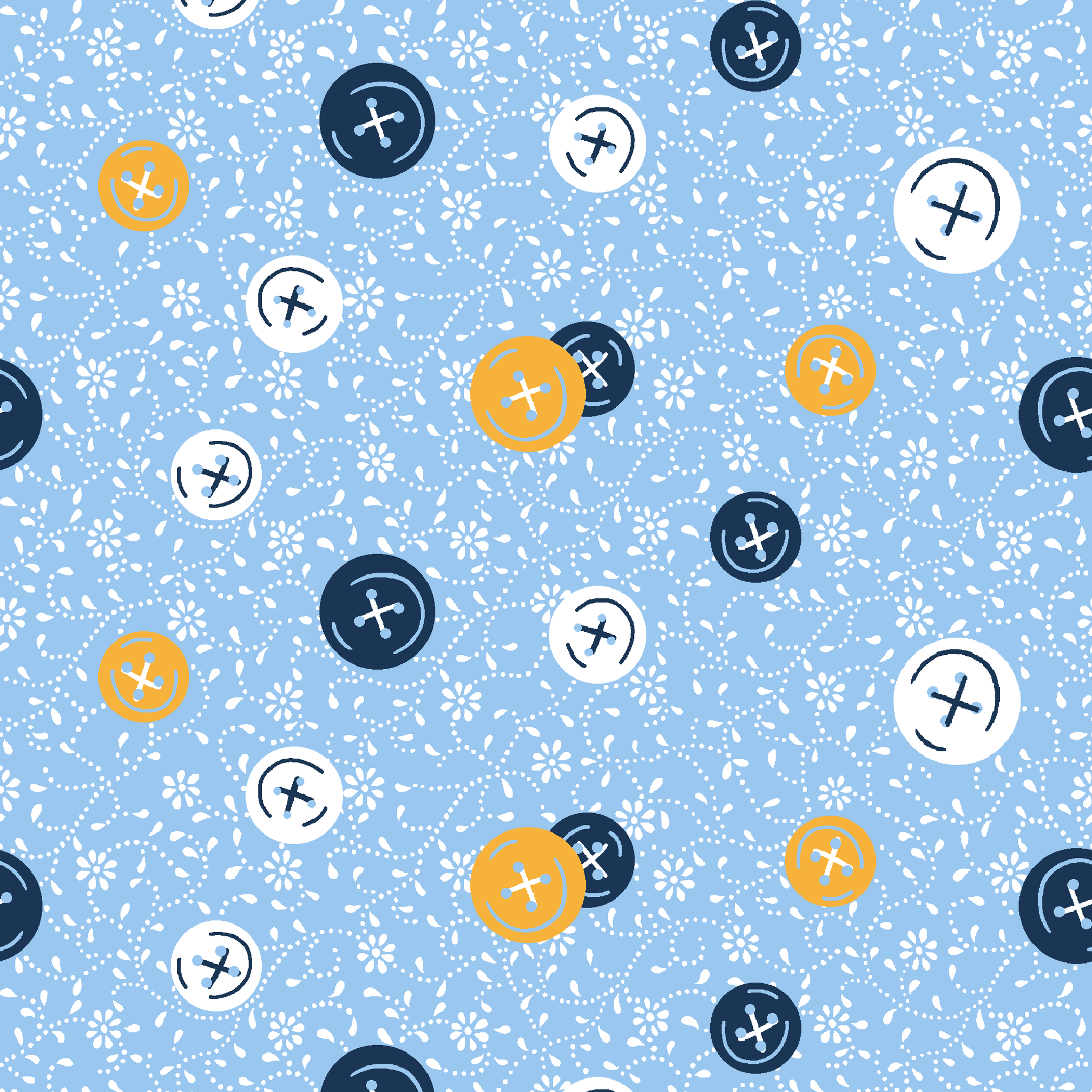 Blue background with scattered circular buttons in white, navy, and gold, each featuring cross designs, on a floral pattern. tiled preview square