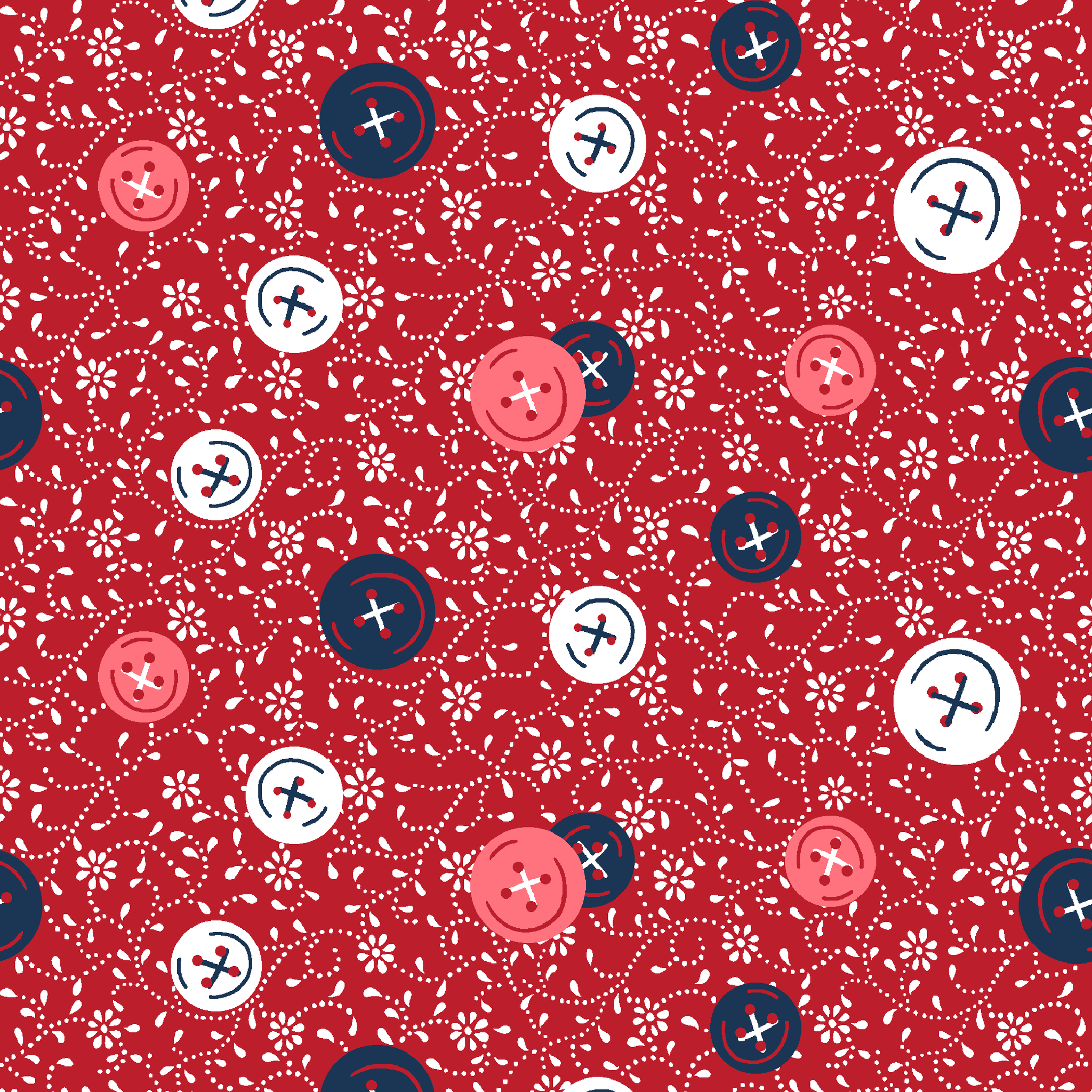 Red background with scattered buttons in white, blue, and coral colors featuring sewing motifs and small floral patterns tiled preview square