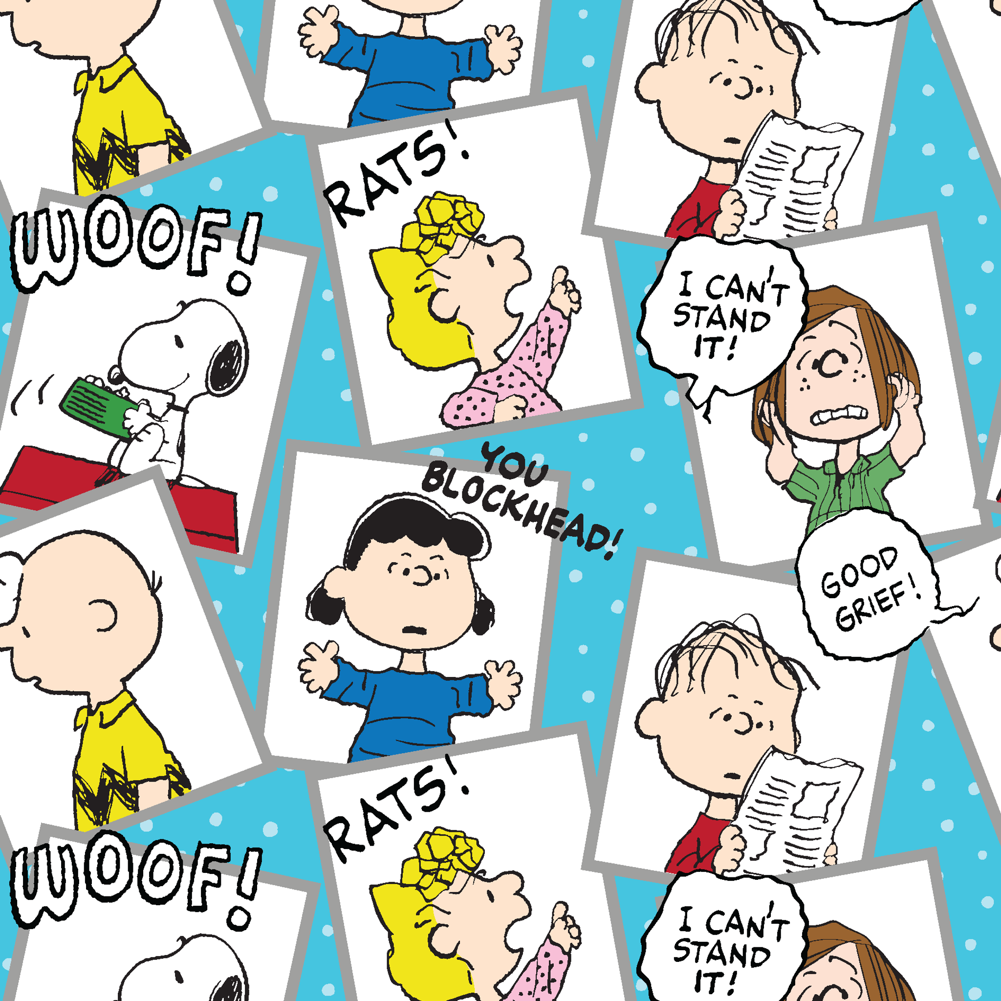 Peanuts comic characters in various expressions - Snoopy saying "WOOF!", speech bubbles with "RATS!", "I CAN'T STAND IT!", "YOU BLOCKHEAD!" and "GOOD GRIEF! tiled preview square