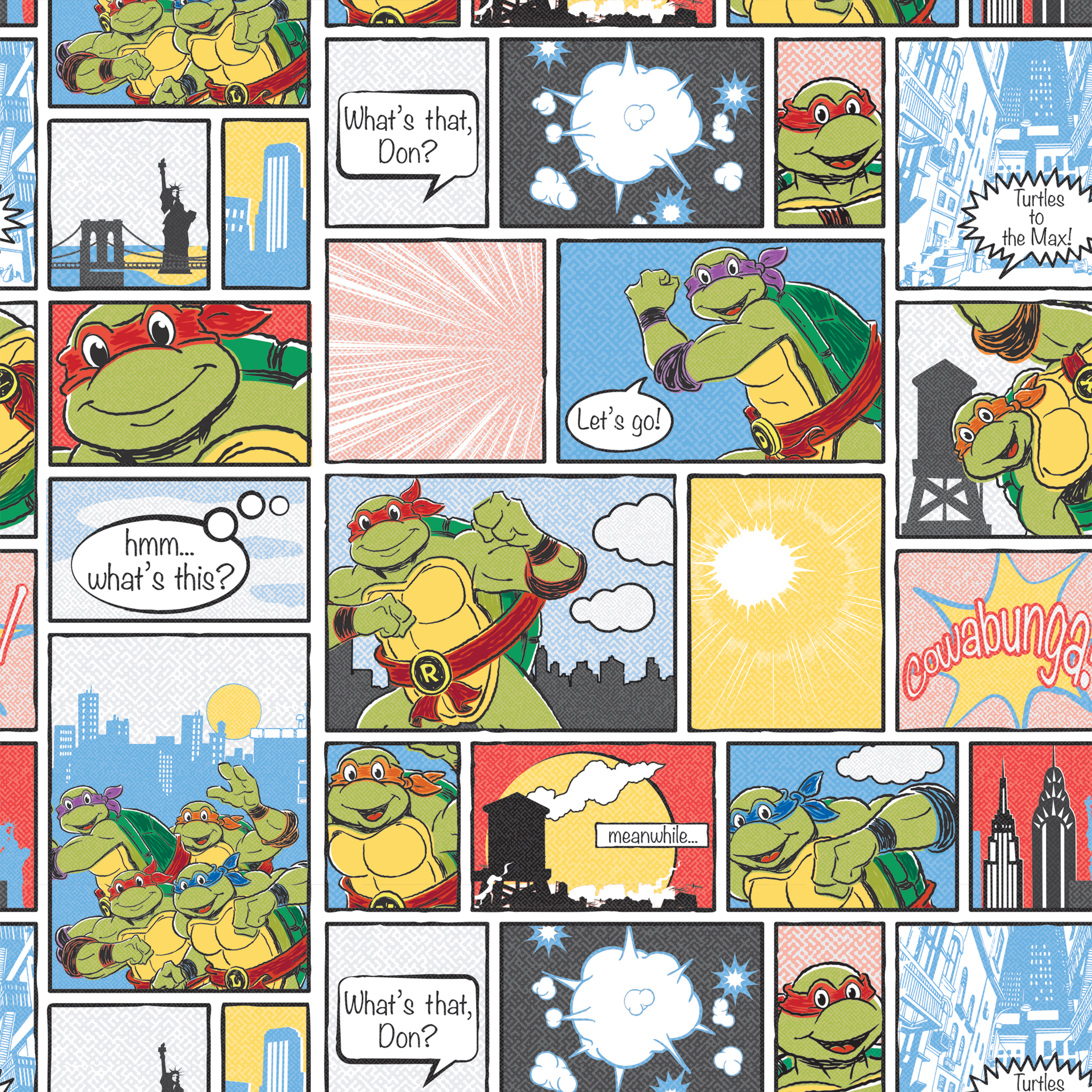 Comic-style grid featuring Teenage Mutant Ninja Turtles with speech bubbles, action scenes, and colorful panels tiled preview square