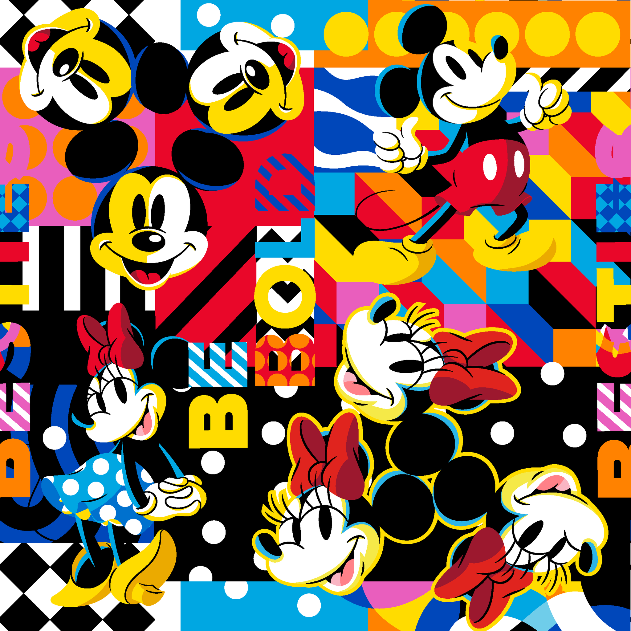 Vibrant pop art collage of Mickey Mouse in various poses against colorful geometric patterns and backgrounds tiled preview square