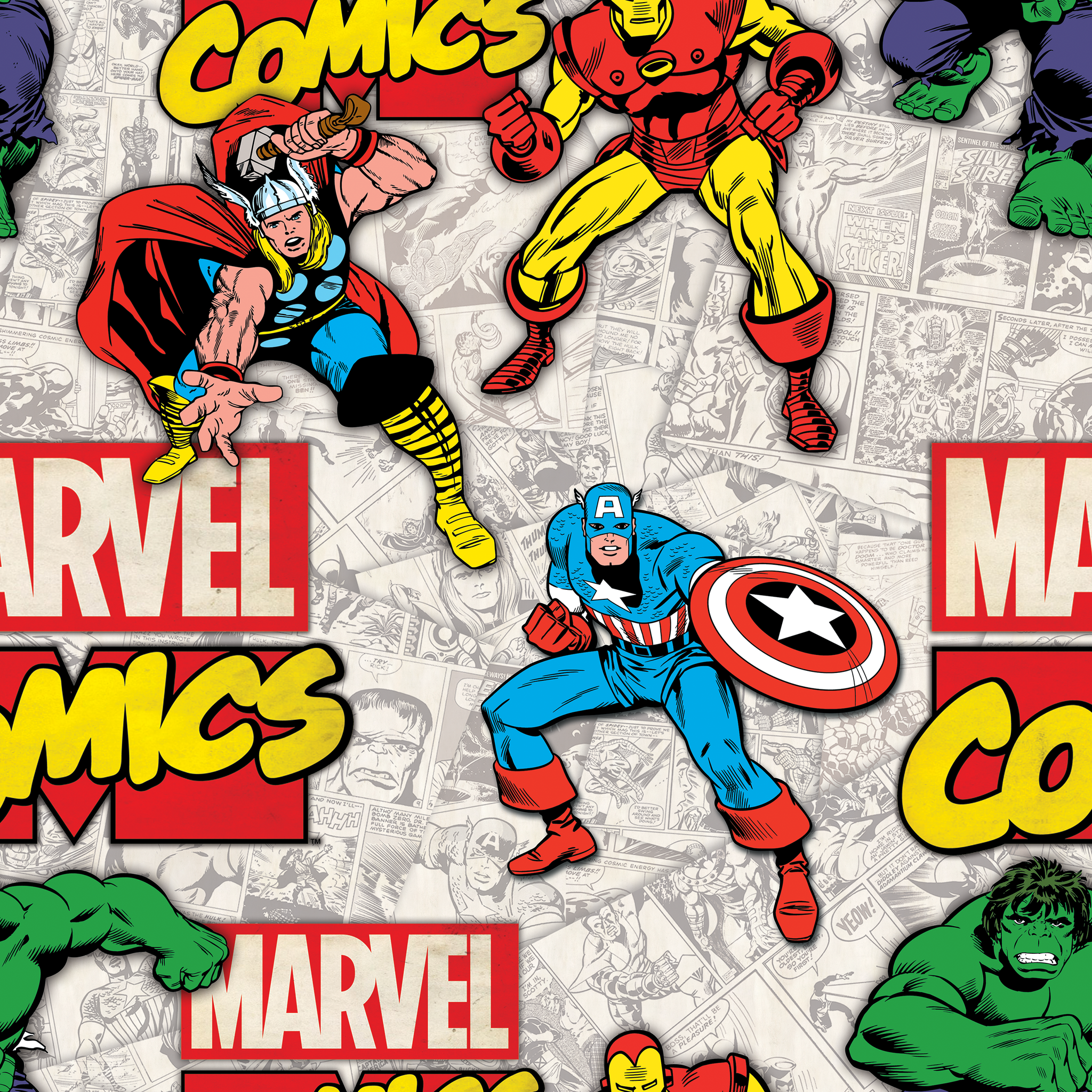 Marvel Comics collage pattern featuring iconic superheroes in action poses against comic book page background tiled preview square