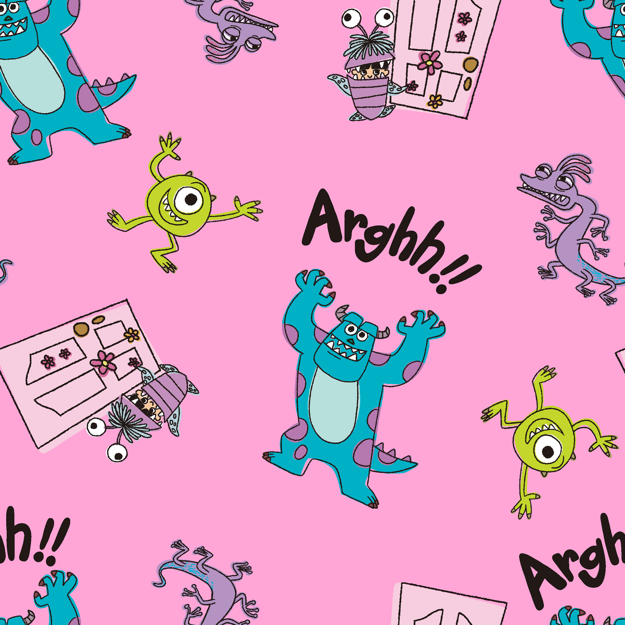 Cartoon monster pattern with blue creatures, green one-eyed characters, and "Arghh!!" text on pink background tiled preview square