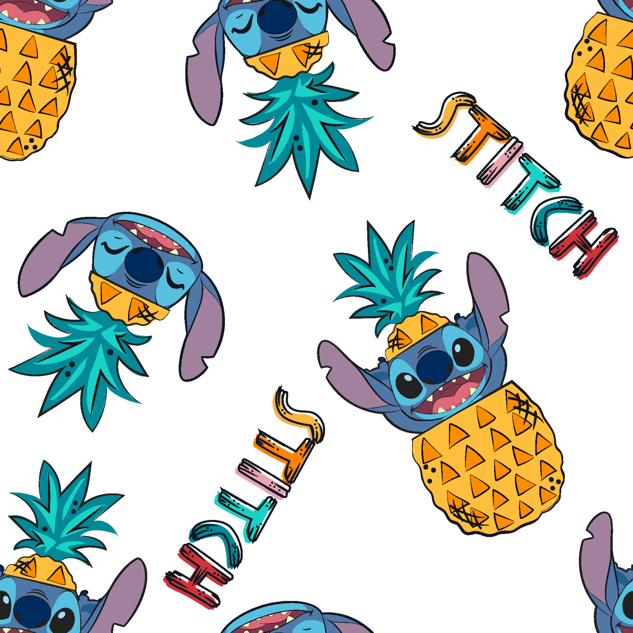 Colorful pattern of cartoon blue creatures with long ears inside pineapples, with "Stitch" text tiled preview square