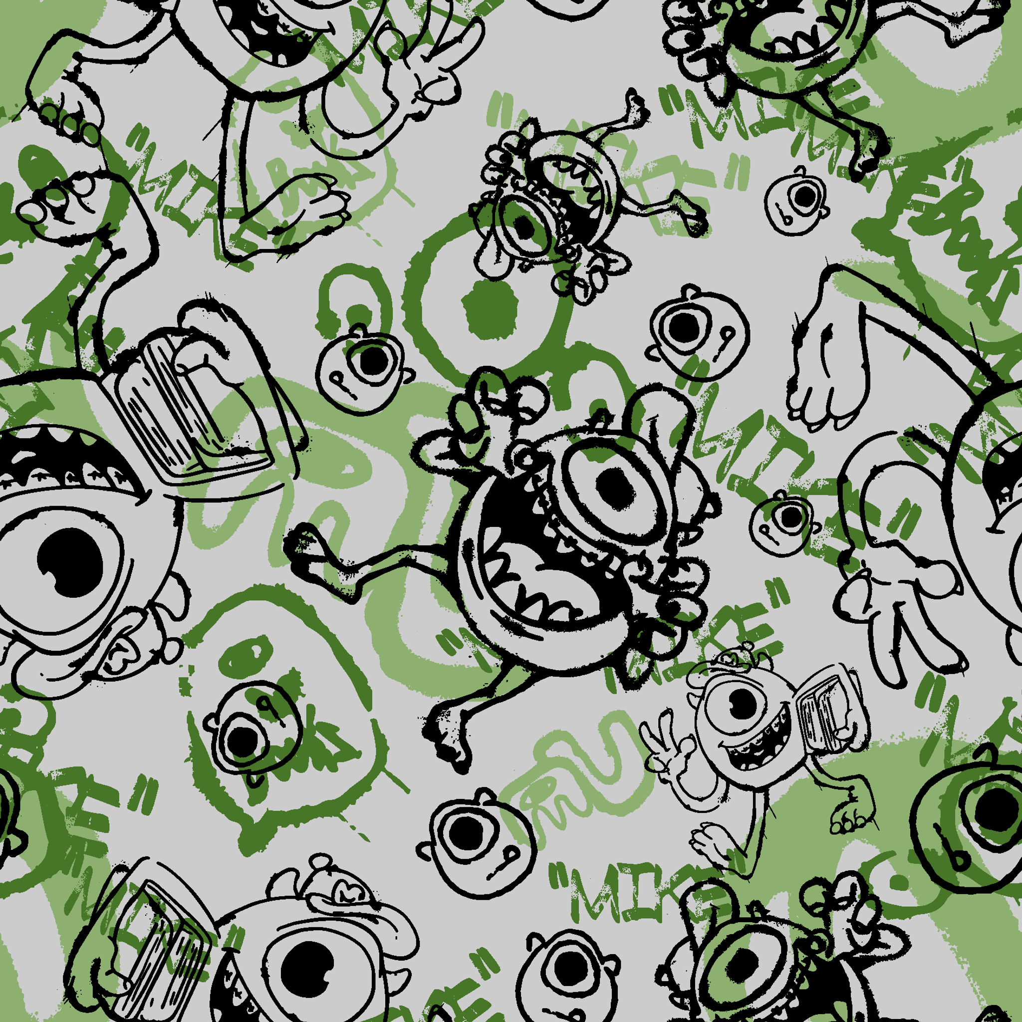 Cartoon monsters doodle pattern in black and green on white background with large eyes and silly expressions tiled preview square