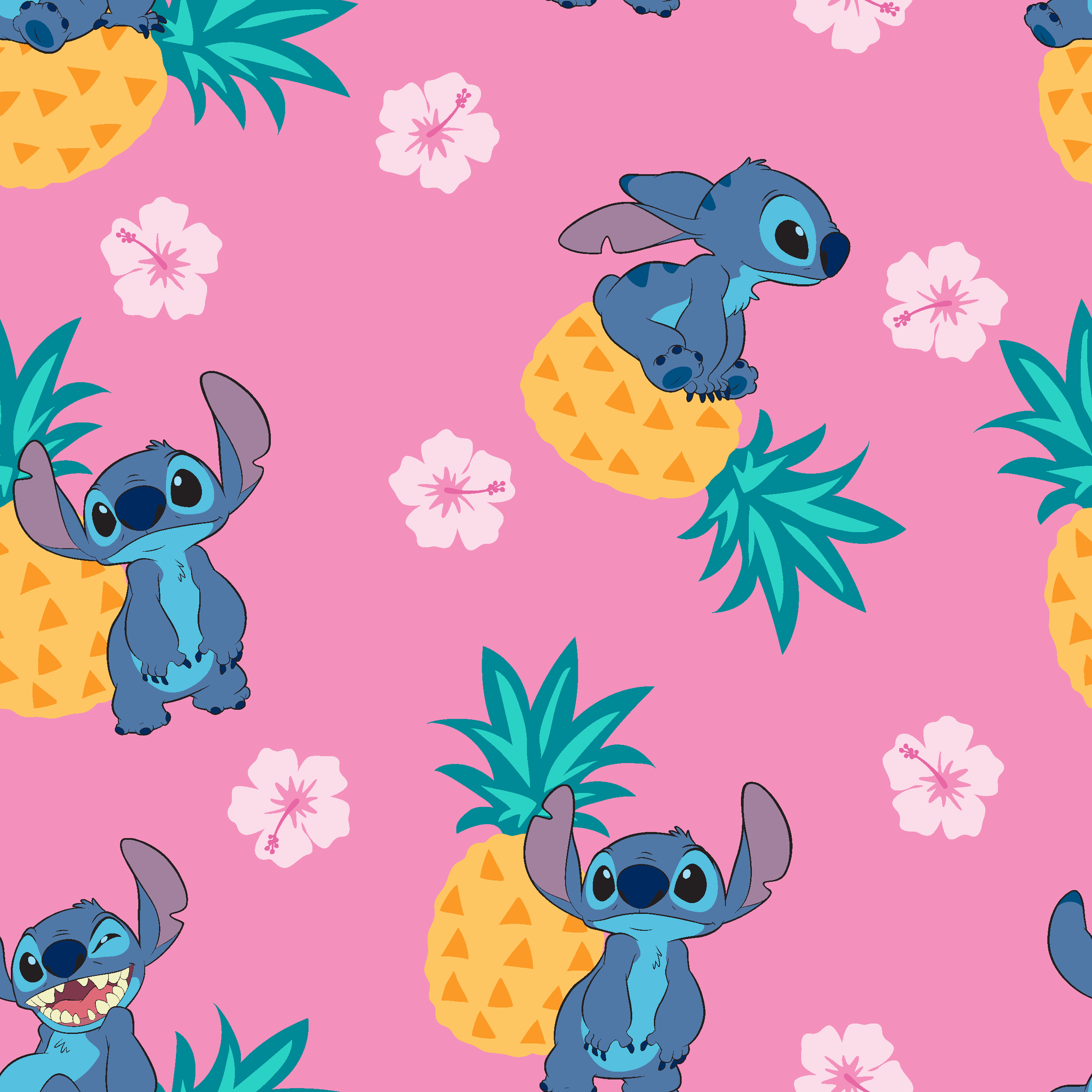 Stitch characters with pineapples and white hibiscus flowers on pink background pattern tiled preview square