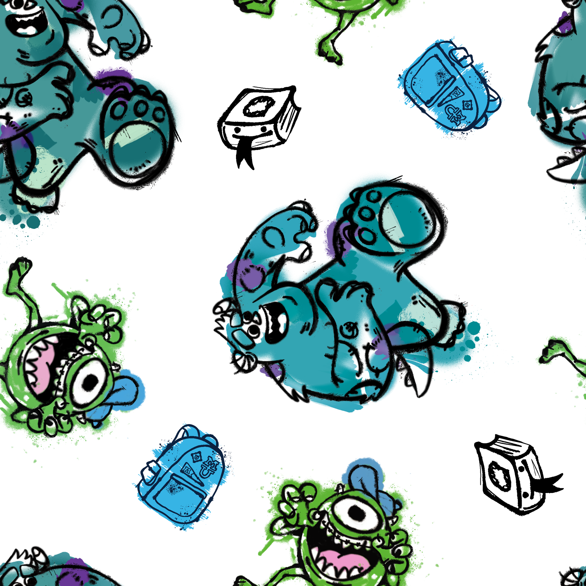 Colorful Monsters Inc pattern with turquoise, green creatures and small boxes on white background tiled preview square