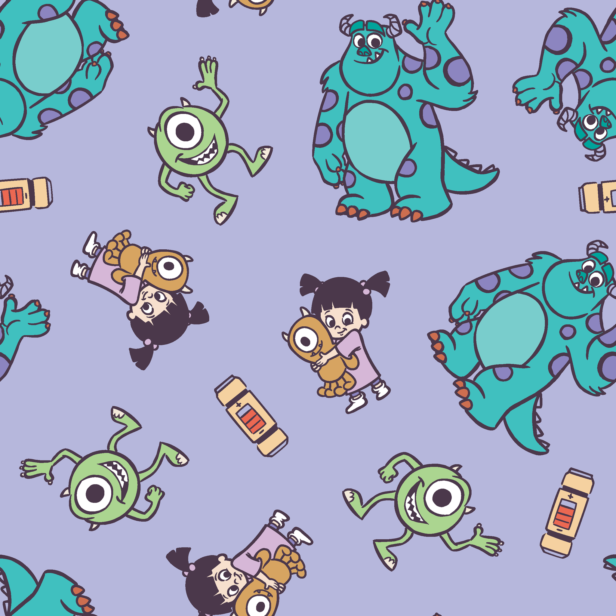 Cartoon pattern of Monsters Inc characters - Mike, Sulley, and Boo - on a purple background tiled preview square