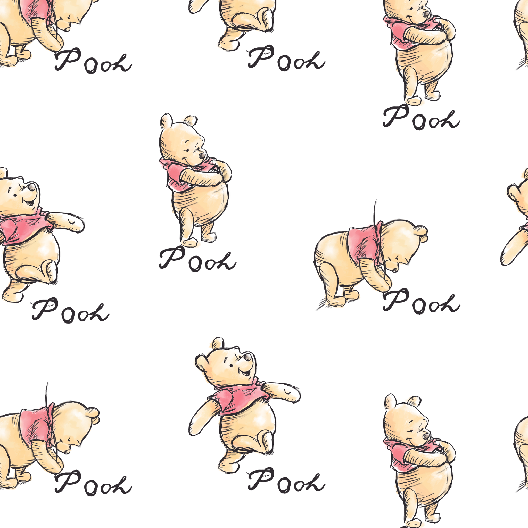 Winnie the Pooh pattern featuring cute yellow bears with red shirts in various poses, labeled "Pooh tiled preview square
