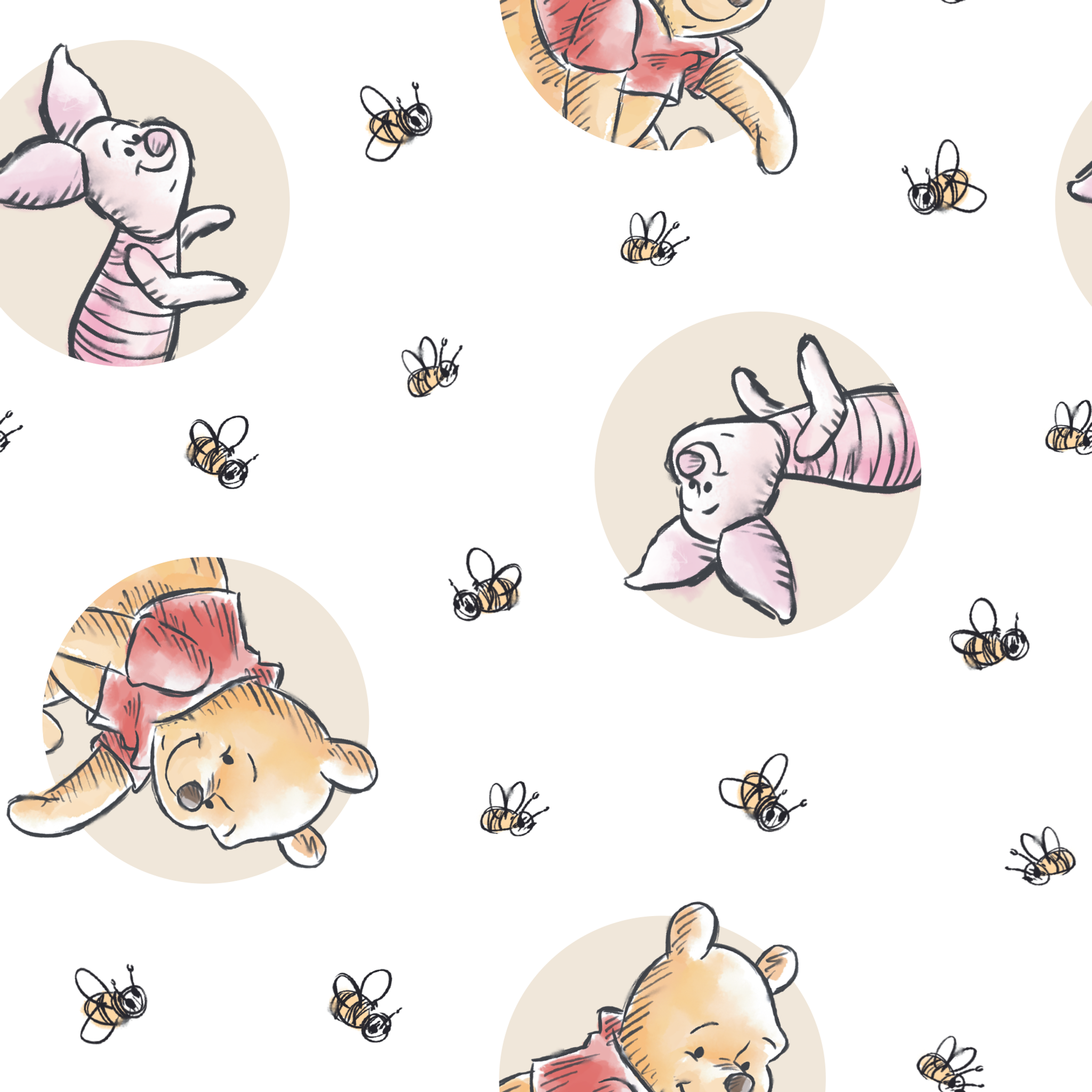 Cute cartoon Winnie the Pooh and Piglet pattern with circular vignettes and buzzing bees tiled preview square