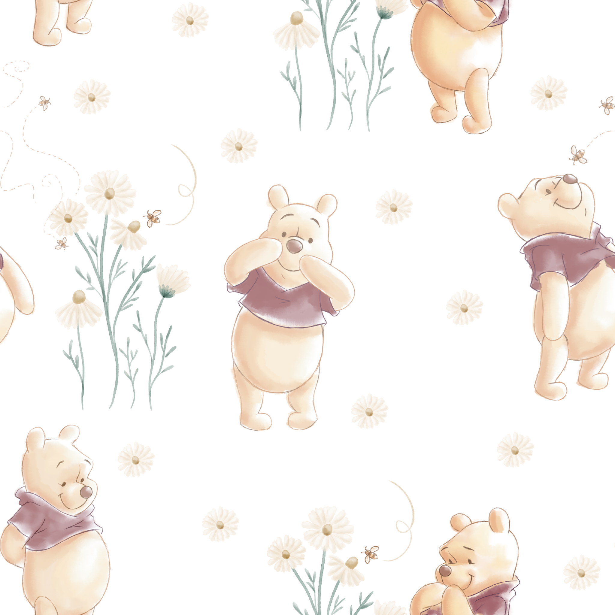 Winnie the Pooh pattern with cartoon bear in red shirt amid delicate white flowers tiled preview square