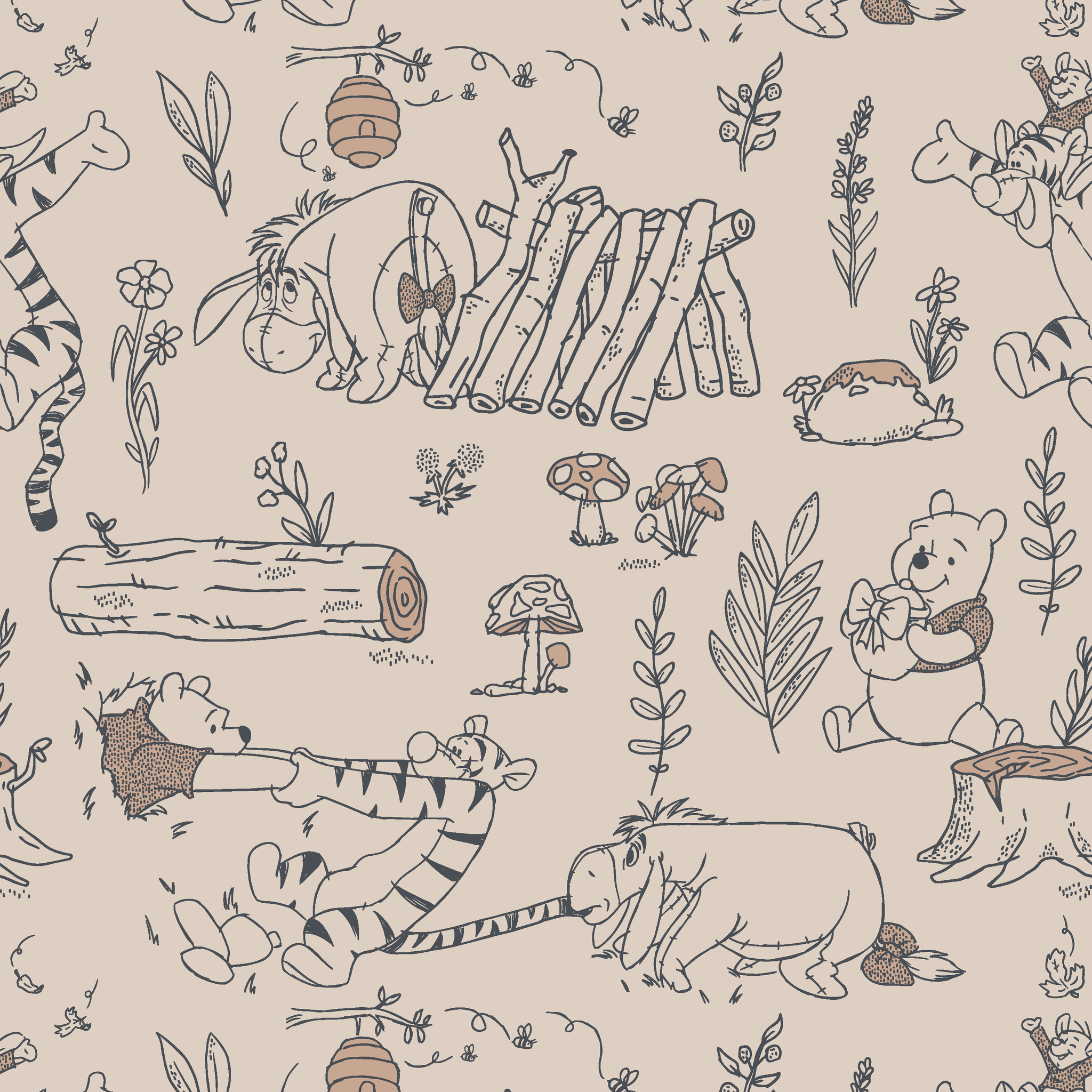 Whimsical illustrated pattern of woodland animals, logs, and plants in black line art on beige background tiled preview square