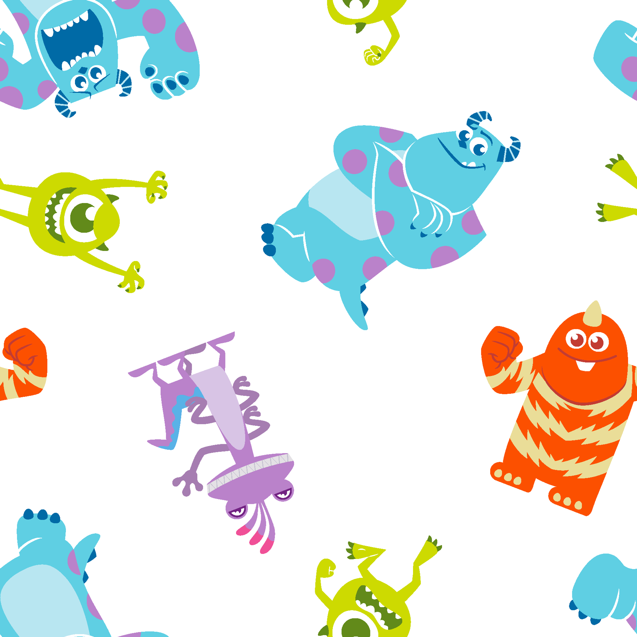 Cartoon monsters pattern with colorful characters - blue, green, purple and orange creatures on white background tiled preview square