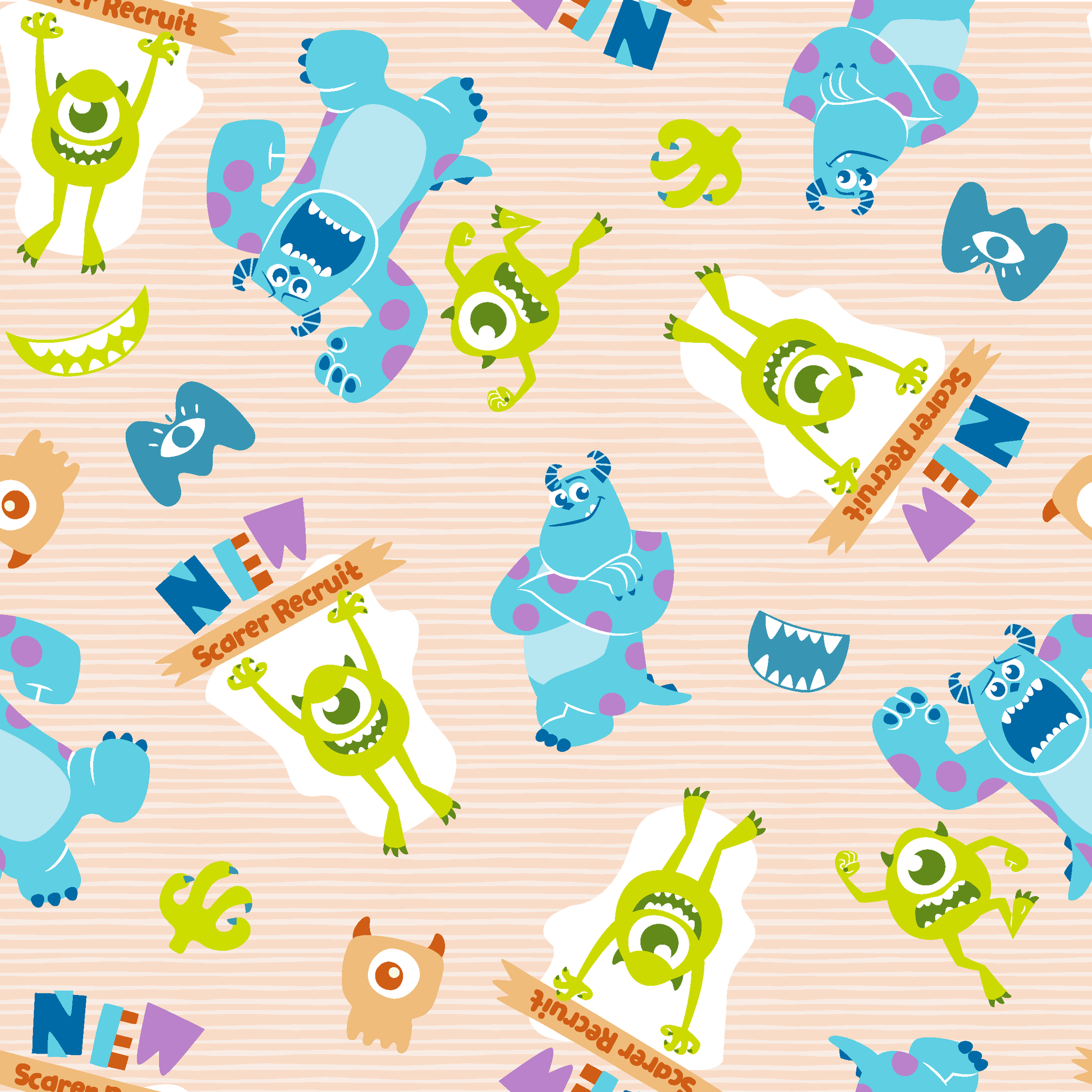 Colorful Monsters Inc pattern with Mike and Sully characters on peach background with scattered letters tiled preview square