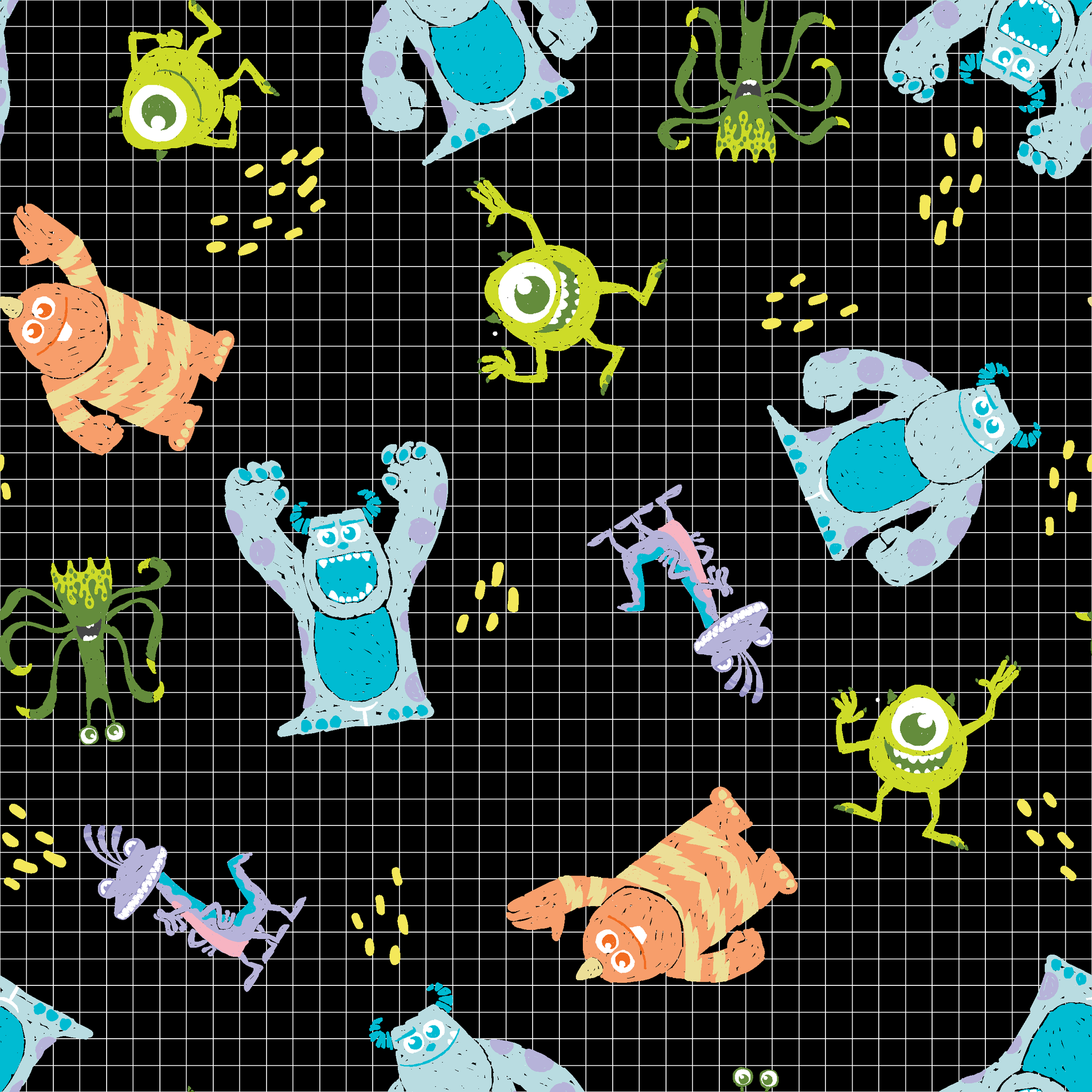 Monsters Inc pattern with Sulley, Mike, & friends on black grid background tiled preview square