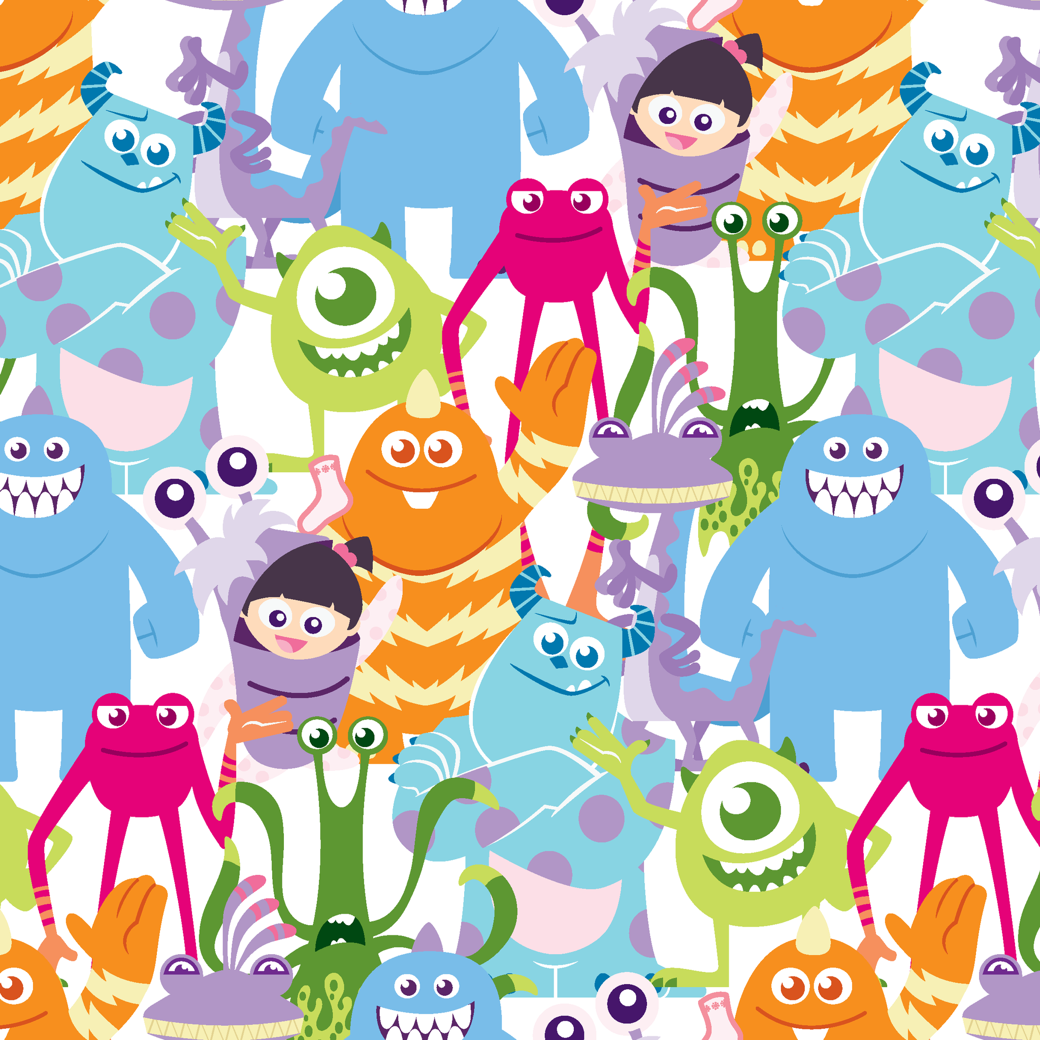 Colorful Monsters Inc pattern with various shapes, sizes and bright colors like blue, pink, orange and green. tiled preview square