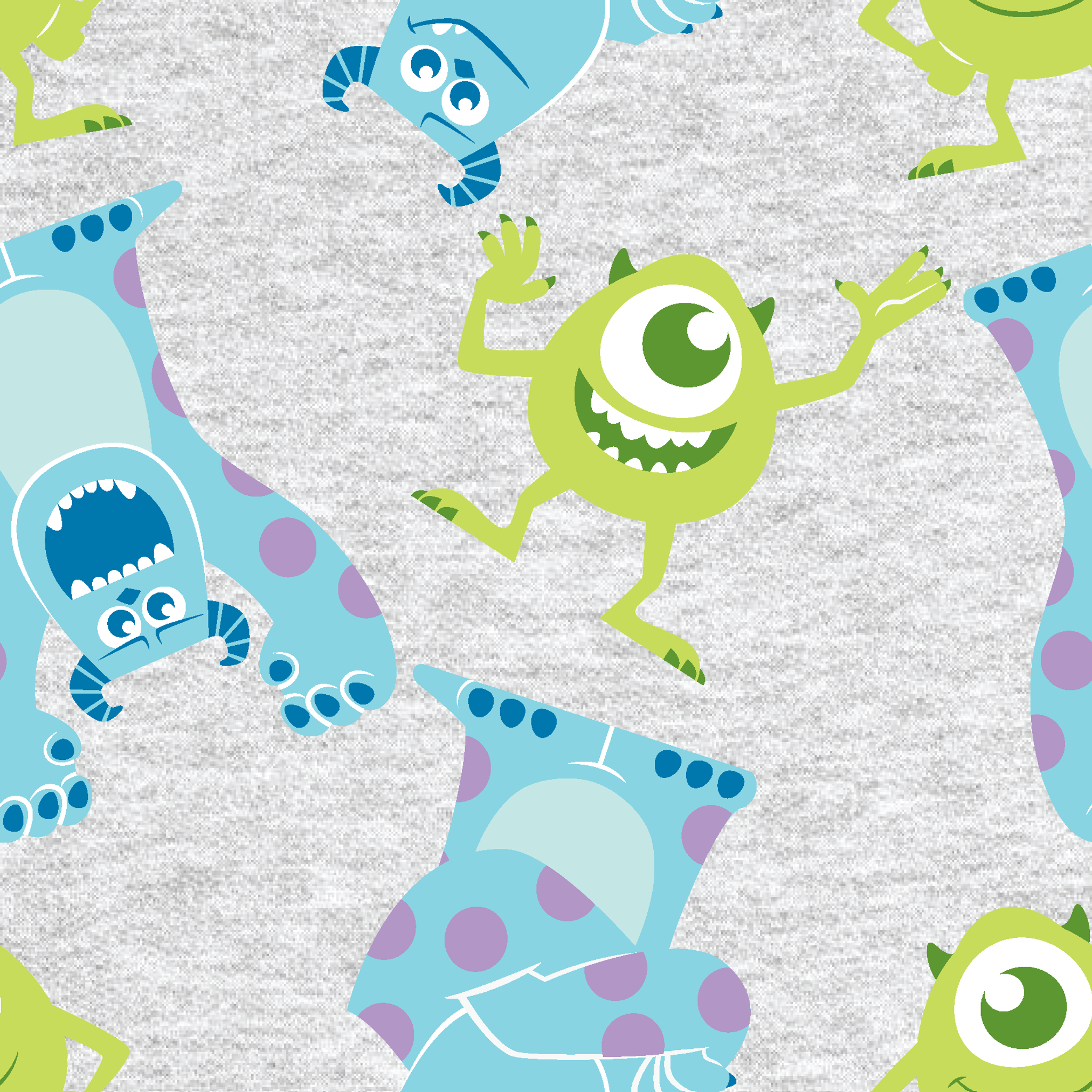 Cartoon pattern of Monsters Inc characters on light gray background tiled preview square