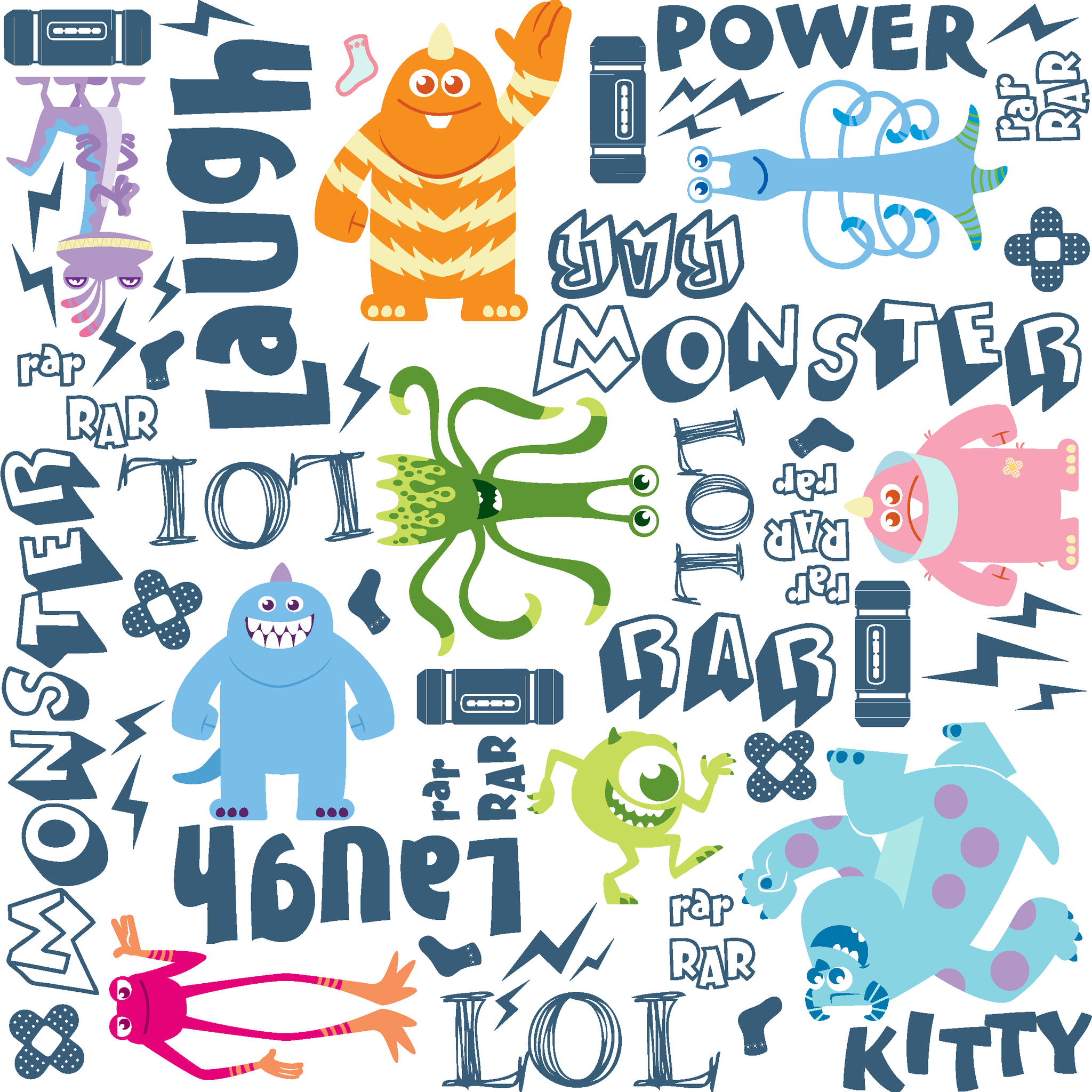 Colorful Monsters Inc doodle pattern with playful characters and text like "Laugh," "Power," and "Monster" in blue and vibrant colors. tiled preview square