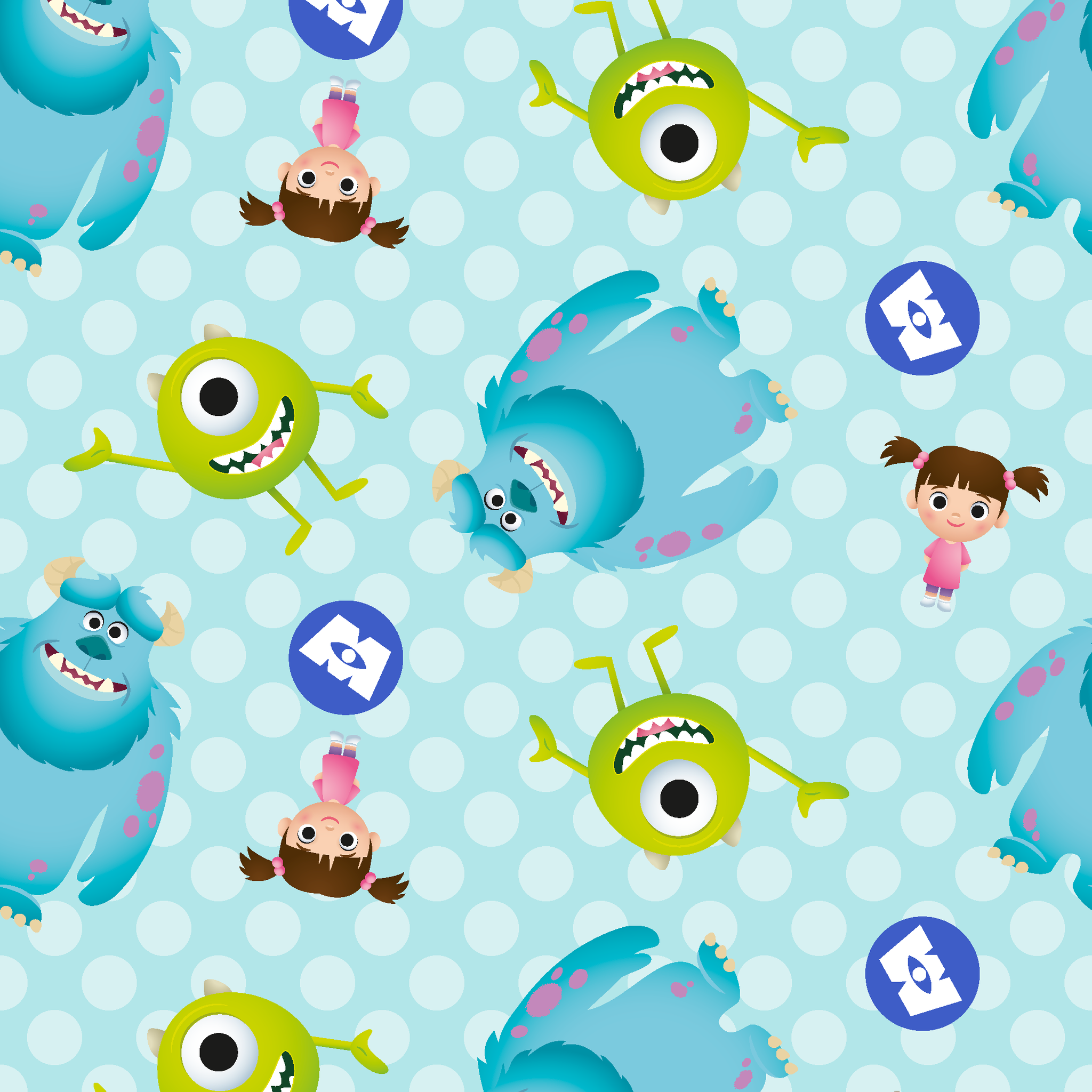 Cartoon Monsters Inc characters on light blue polka dot background tiled preview square
