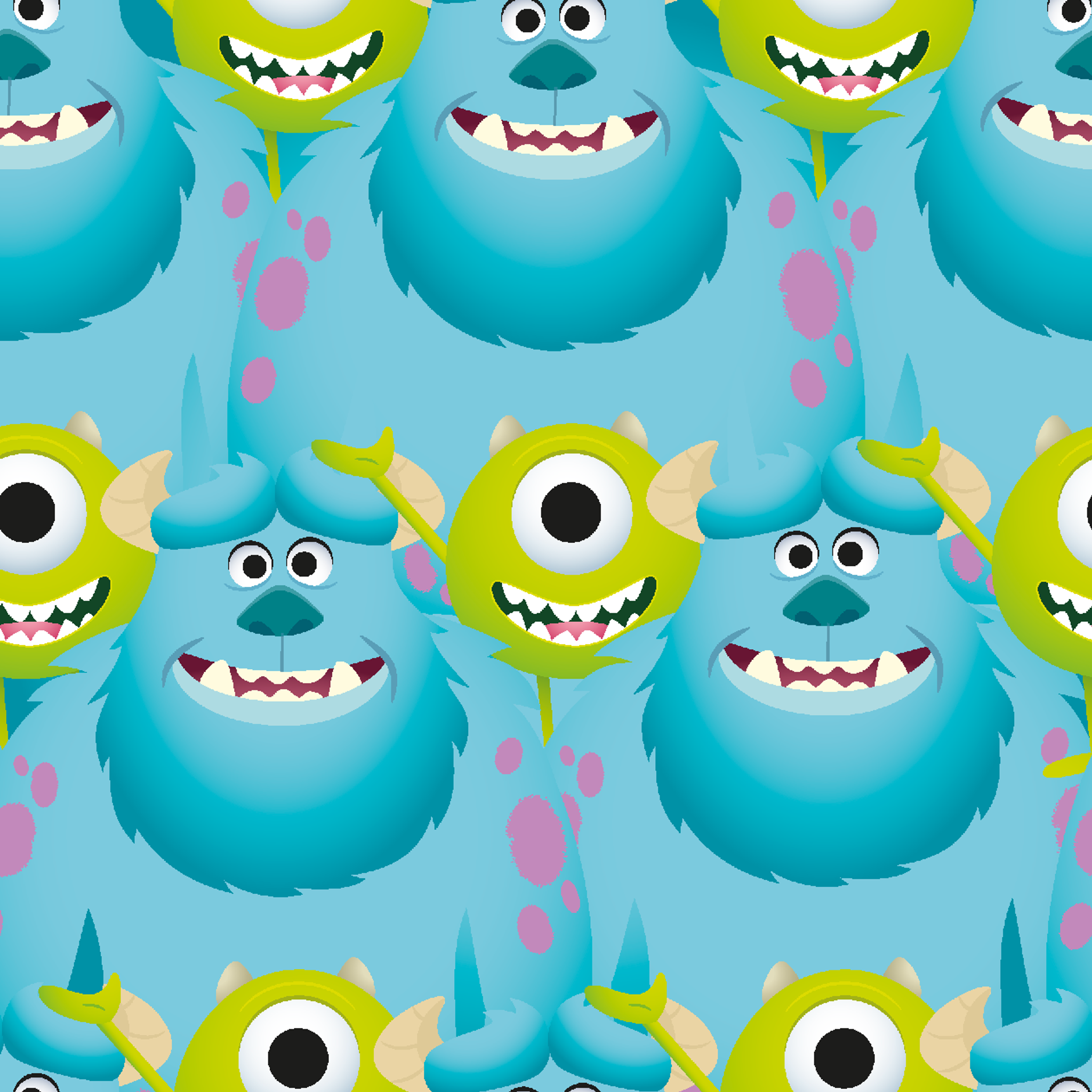 Repeating pattern of Monsters Inc characteres - Mike & Sulley on light blue background. tiled preview square