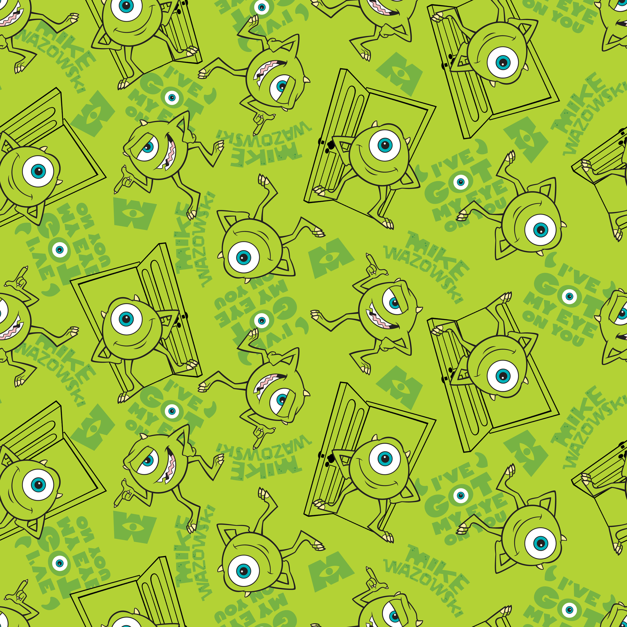 Green background with repeating Mike Wazowski in black outlines. tiled preview square