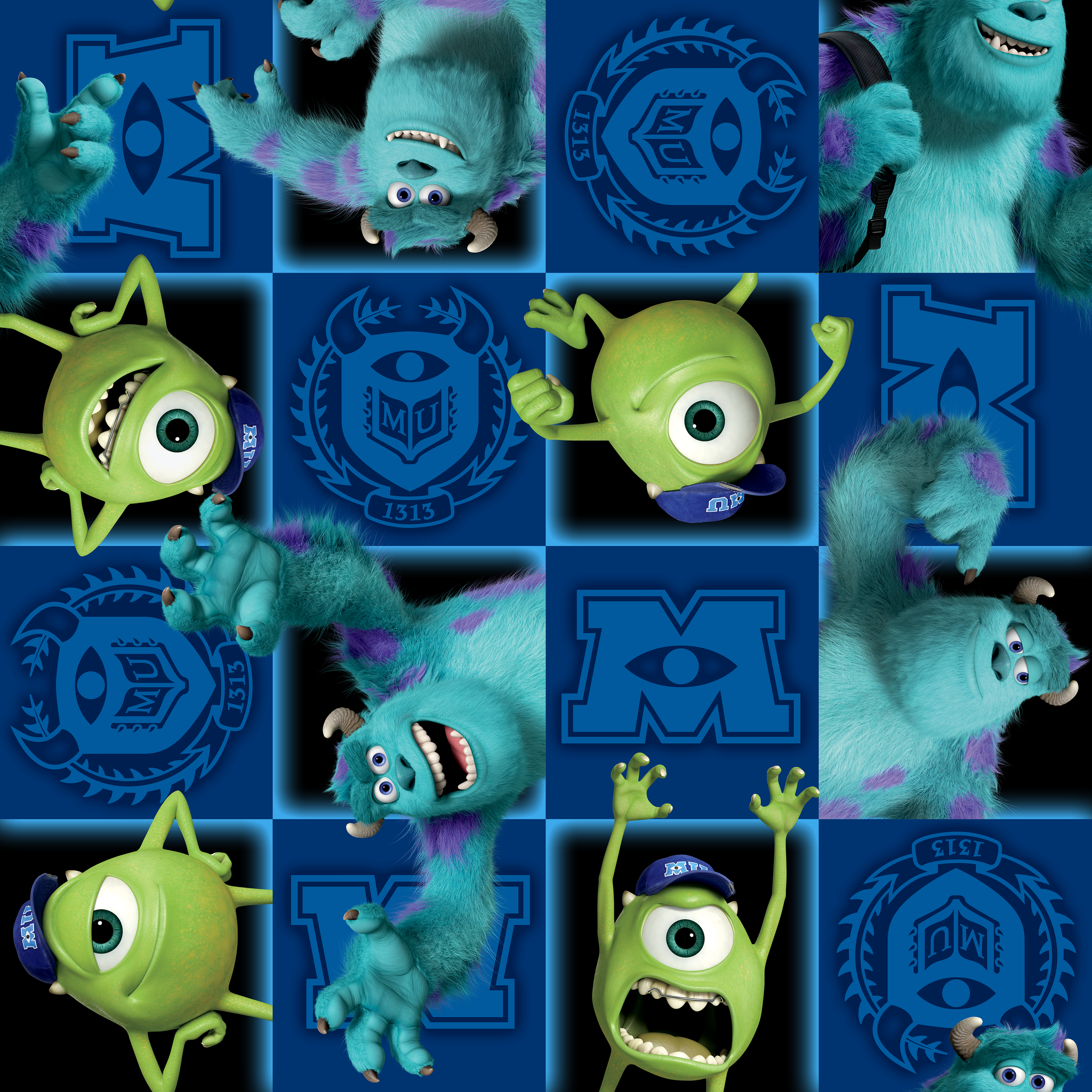 Monsters Inc characters pattern with Mike and Sulley on blue background with logos and emblems tiled preview square