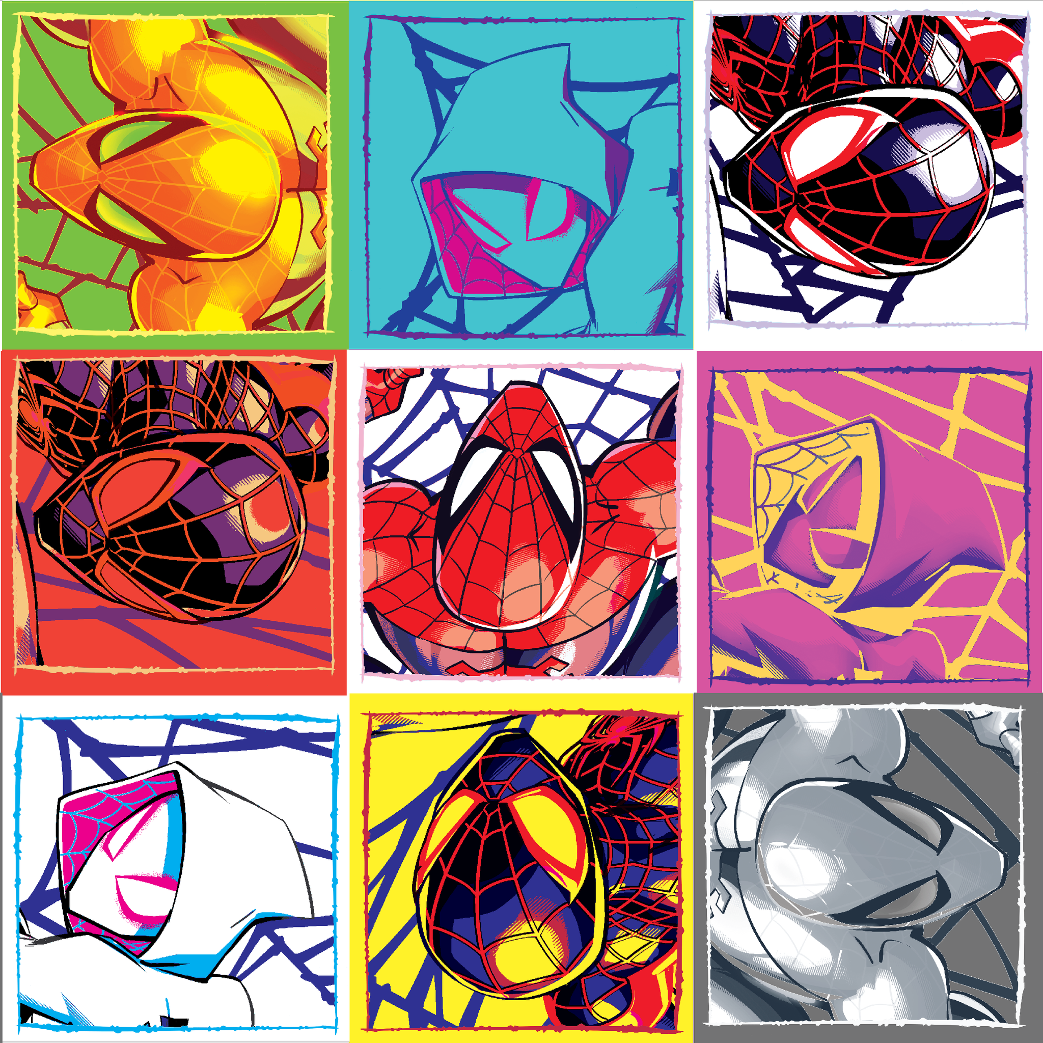 Colorful pop art grid of nine Spiderman designs in vibrant color schemes tiled preview square