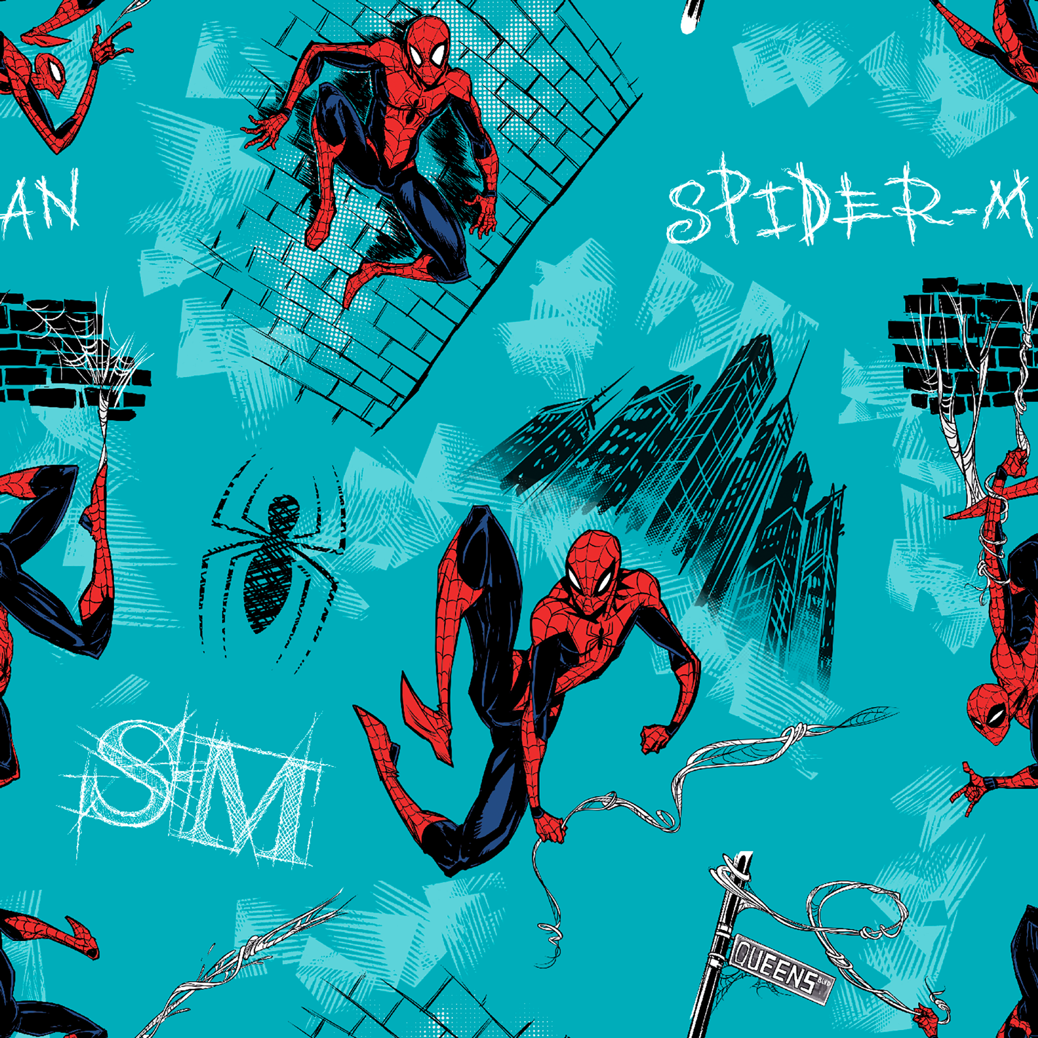 Spider-Man pattern on turquoise background with multiple poses, web designs, and logos tiled preview square
