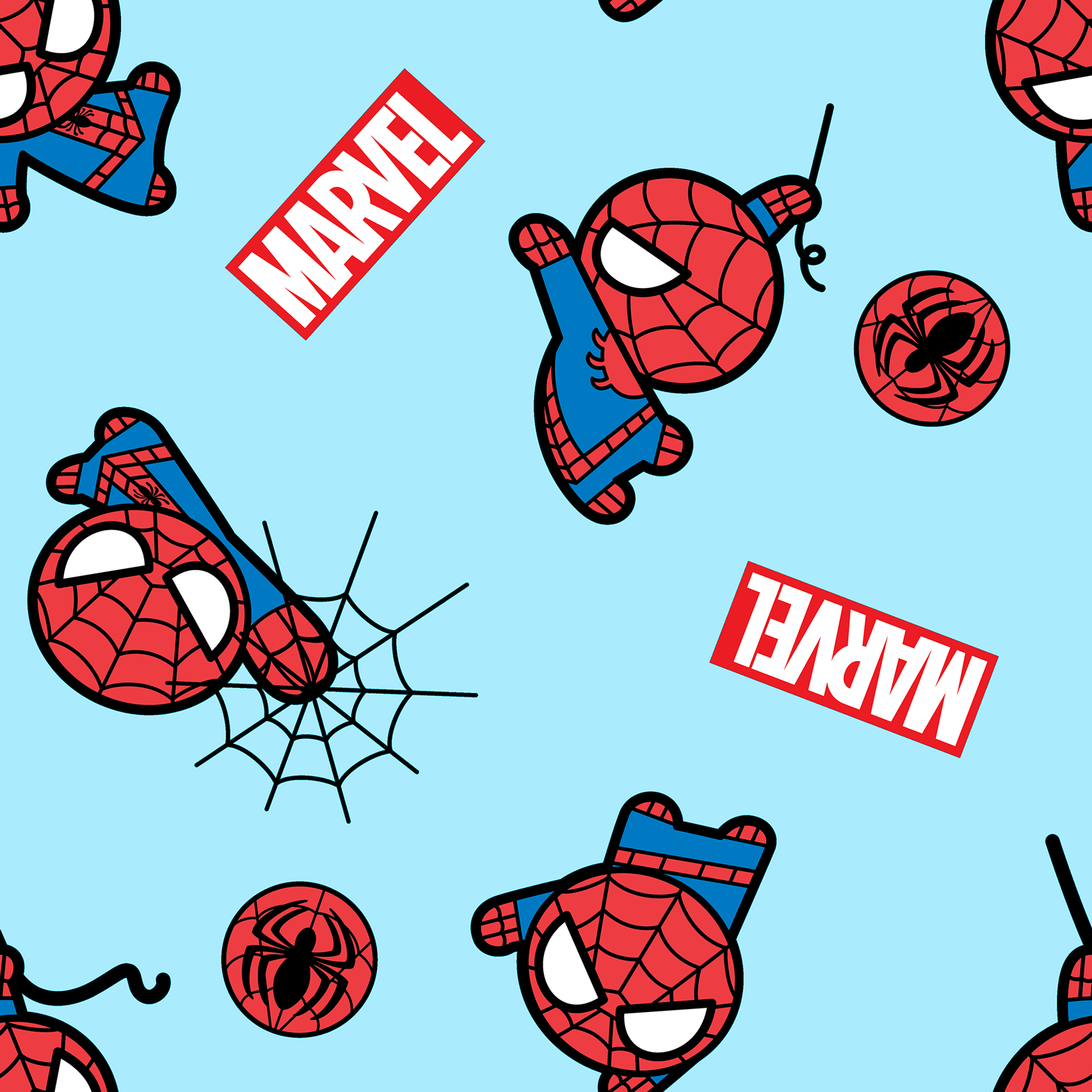 Spider-Man pattern with cartoon character poses, Marvel logos, and spider symbols on light blue background tiled preview square