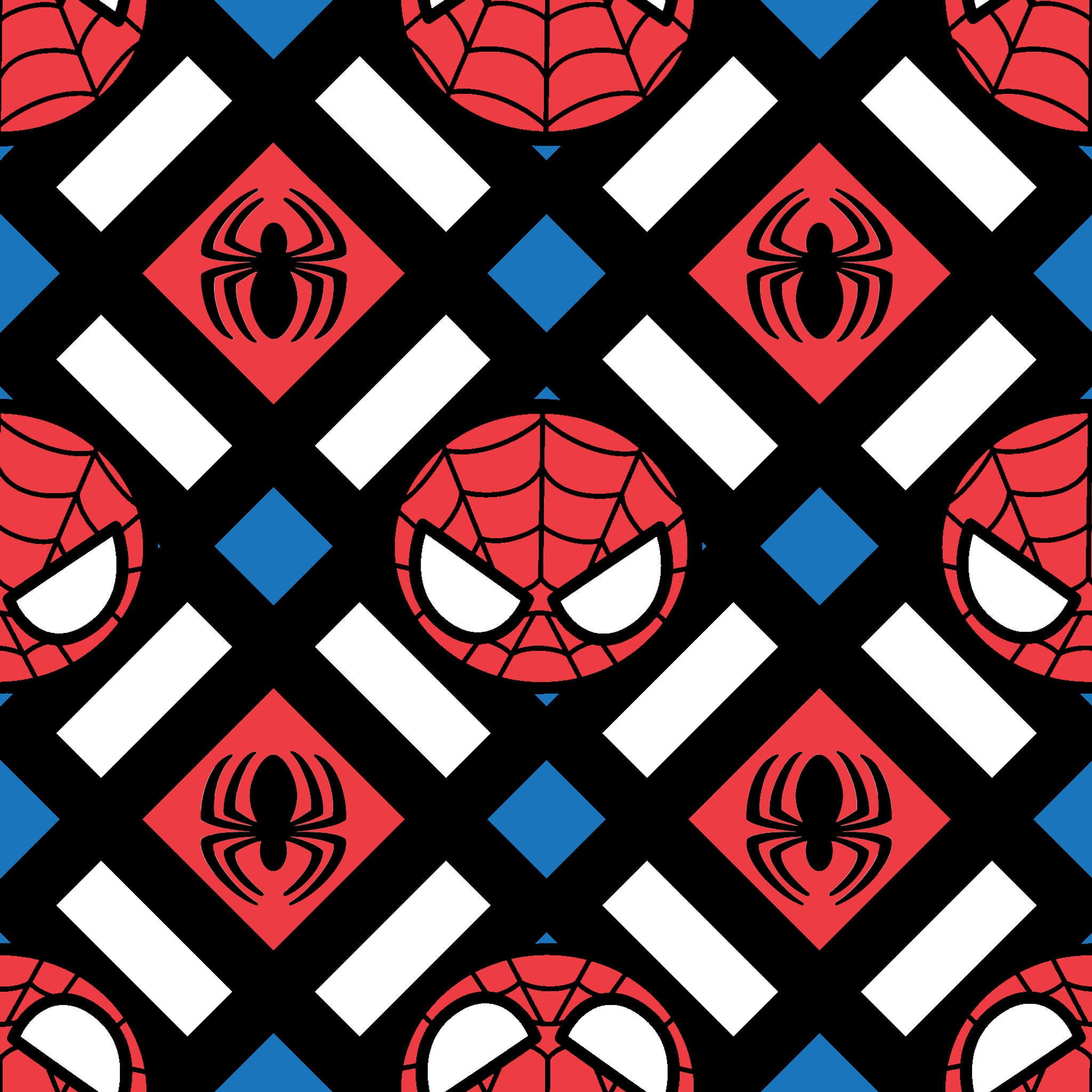Spider-Man pattern with red masks, spider symbols, webs on black background with white X shapes and blue diamonds tiled preview square