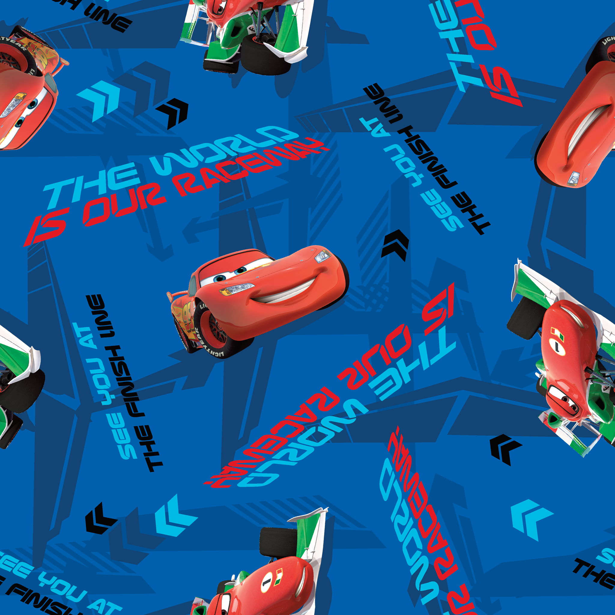 Blue fabric pattern with animated red race cars, "The World of Cars" text, and directional arrow designs tiled preview square