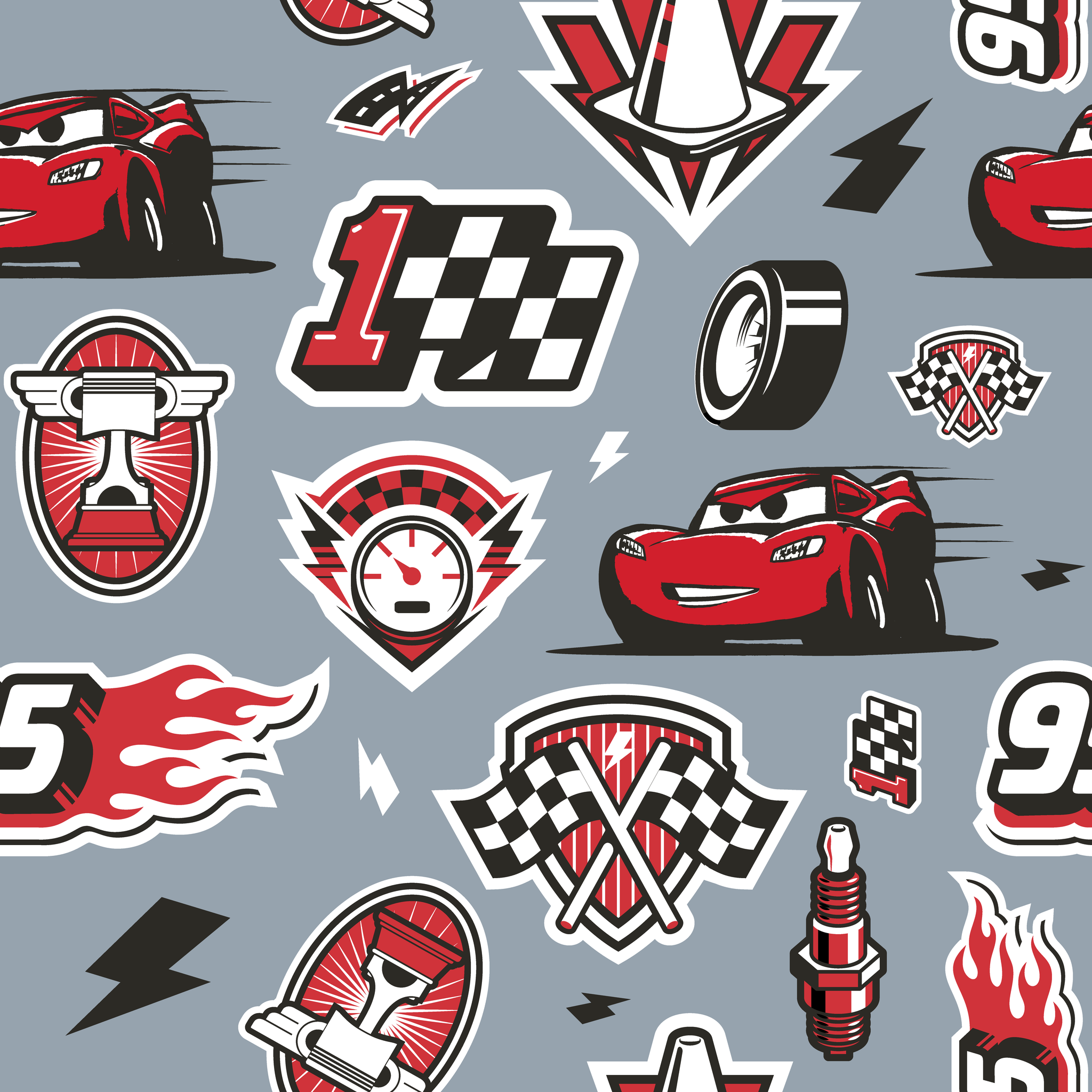 Racing pattern with red cars, checkered flags, speedometers, and racing emblems on gray background tiled preview square