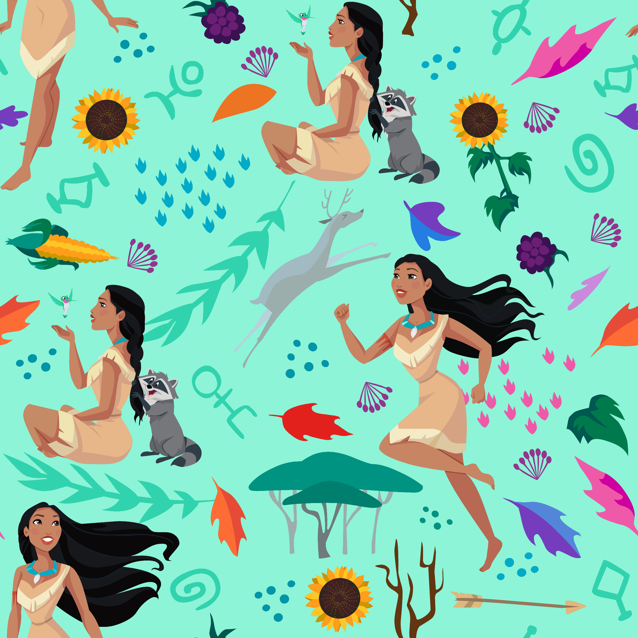 Colorful pattern with figures in nature motifs featuring sunflowers, leaves, and flowing design elements on turquoise background tiled preview square