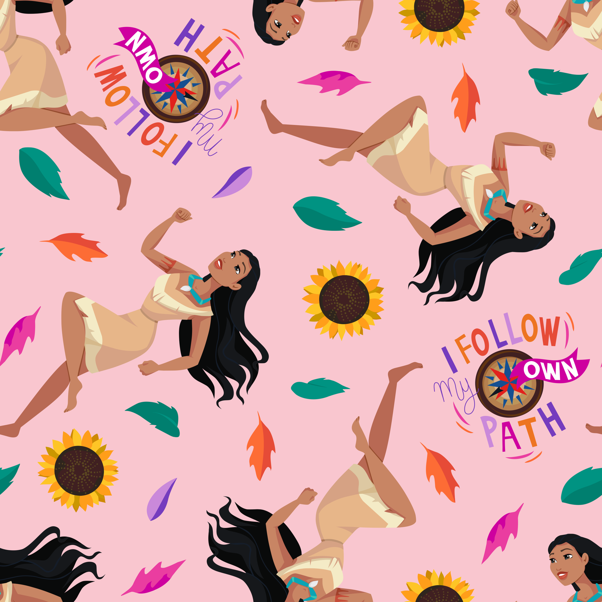 Colorful pattern with figures in relaxed poses, sunflowers, and text "Hi I Follow My Own Path" on pink background tiled preview square