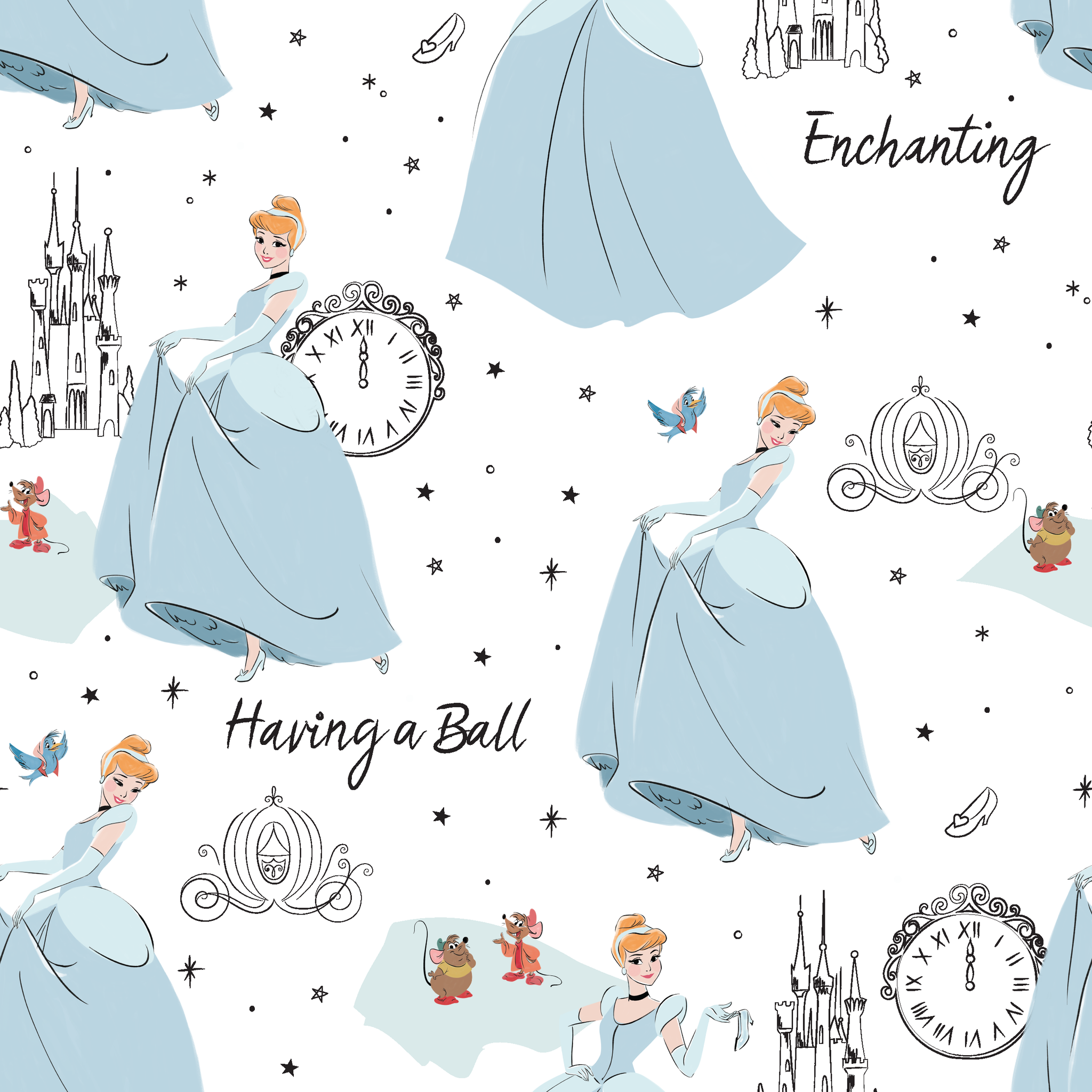 Whimsical pattern featuring cartoon princess in blue gown, clocks, castles, carriages and "Enchanting" text on white background tiled preview square