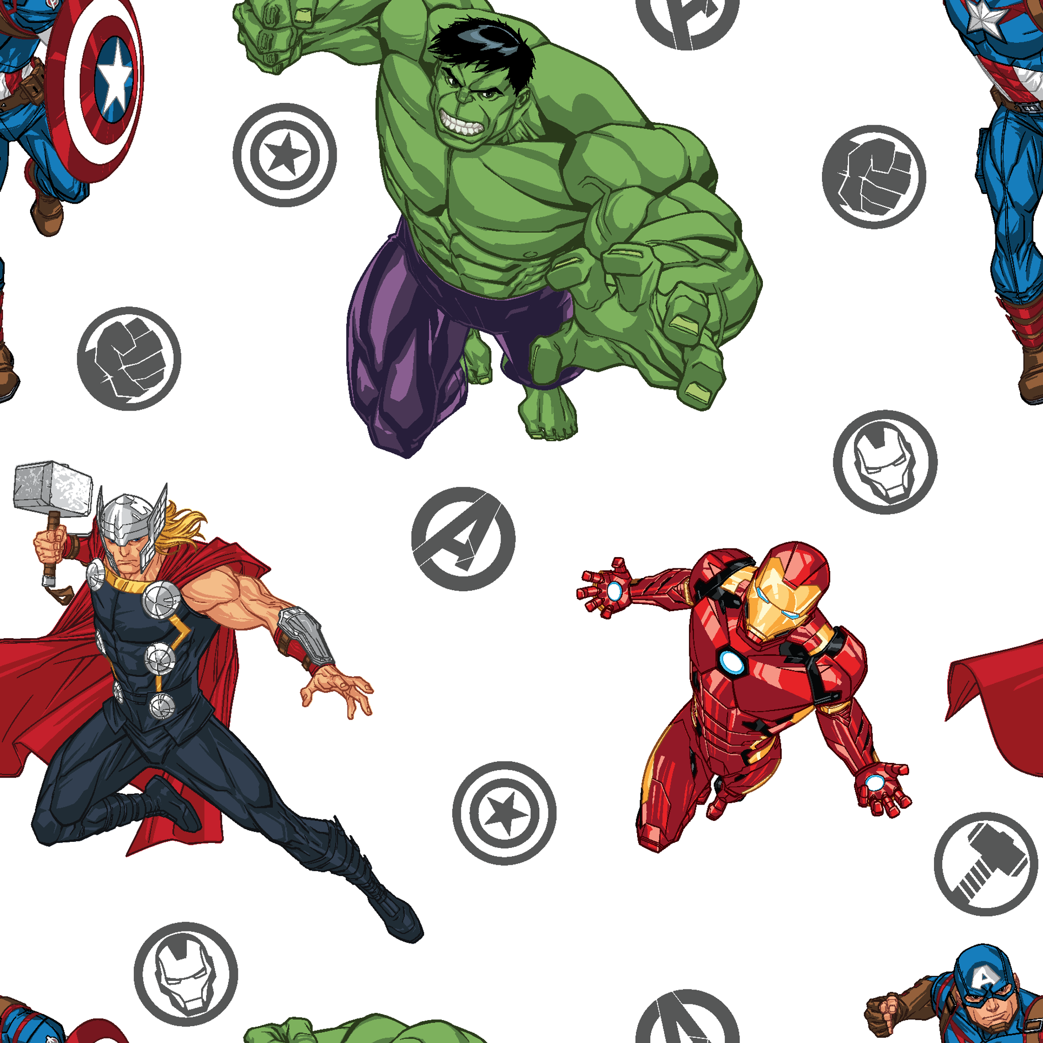 Marvel Avengers characters pattern with Hulk, Thor, Iron Man, and Captain America among superhero logos tiled preview square